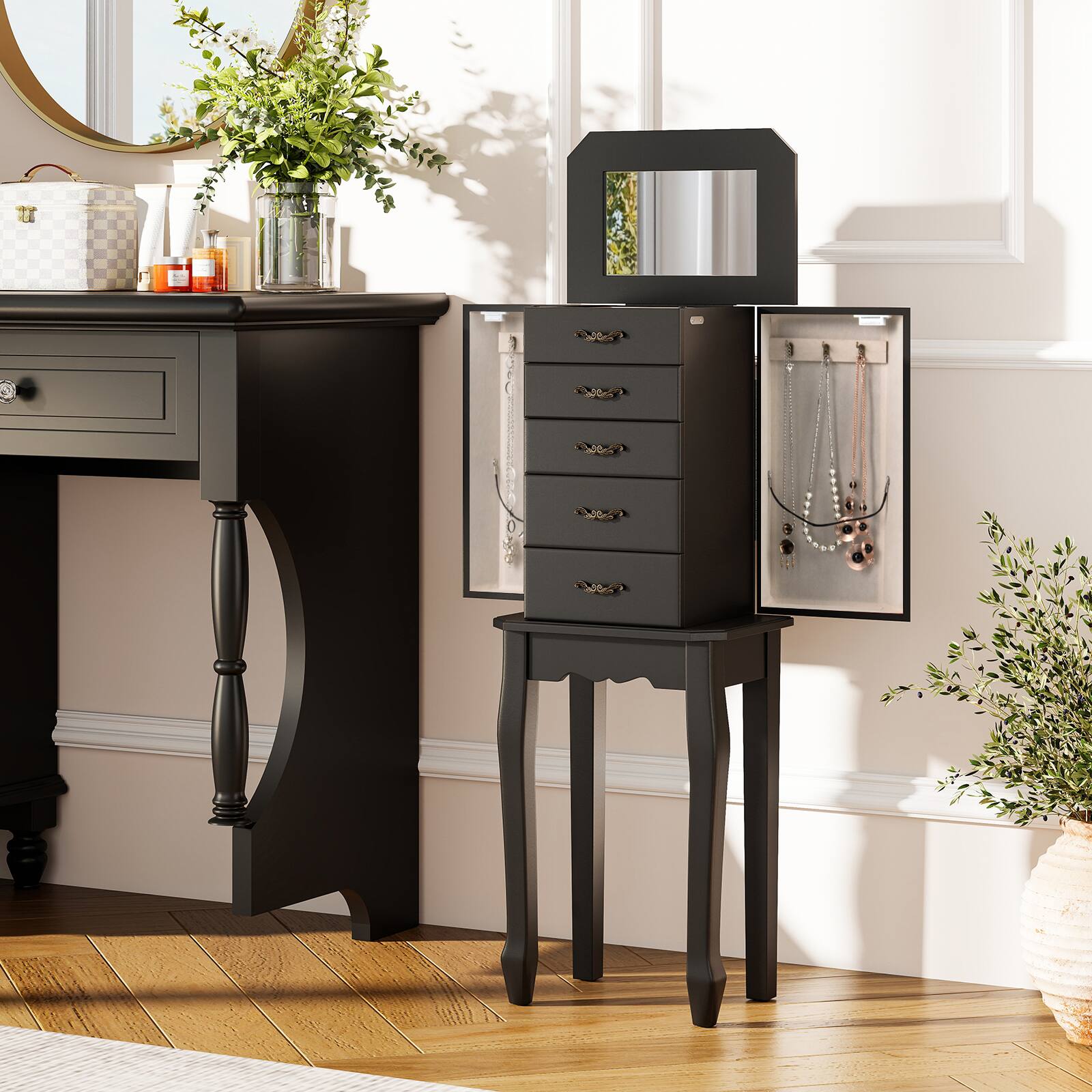 Alt View 3. Gymax - Gymax Jewelry Wood Cabinet Armoire Storage Box Chest St& Organizer Christmas Gift Black - Black.