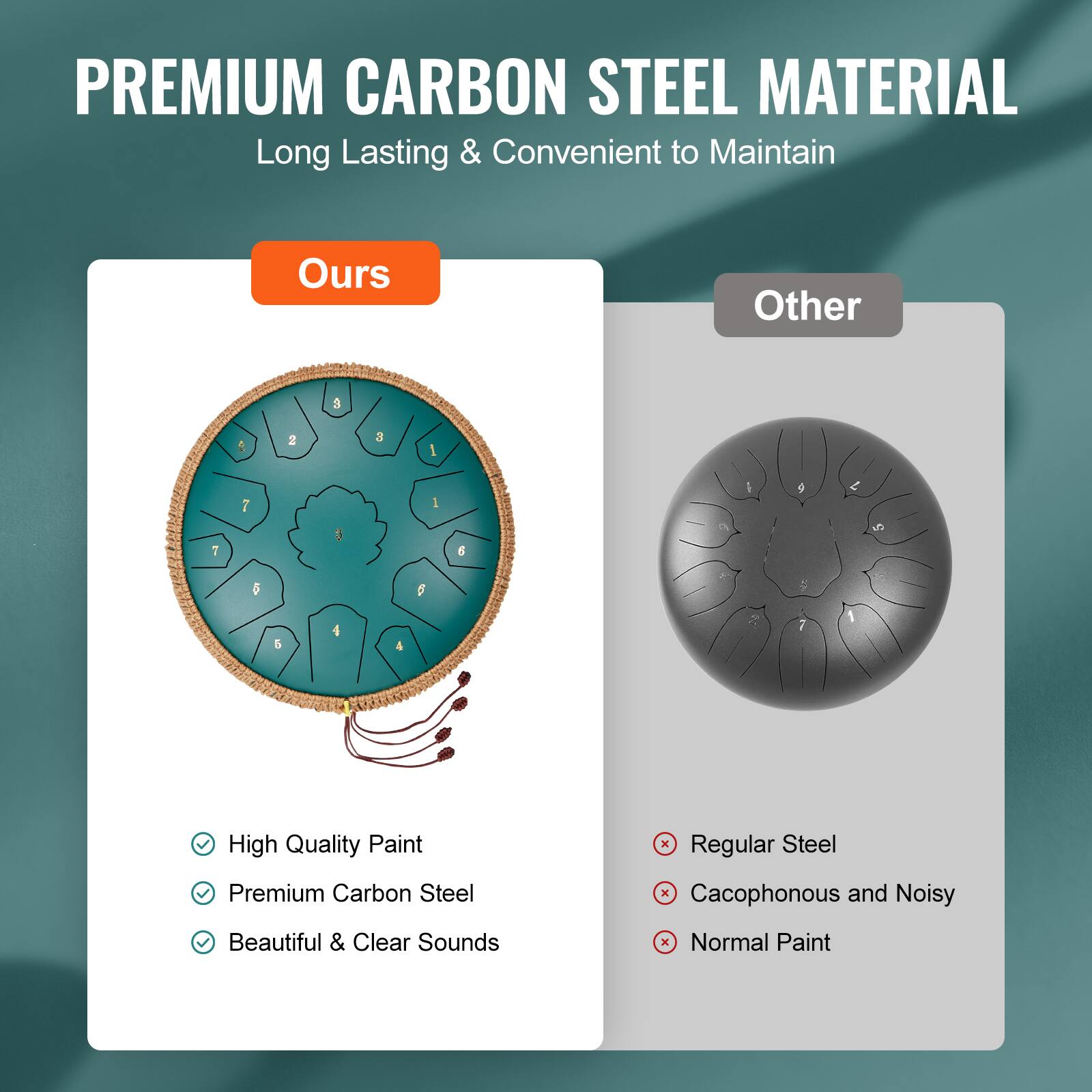 **PREMIUM CARBON STEEL MATERIAL**  
Long Lasting & Convenient to Maintain  

**Ours**  
- High Quality Paint  
- Premium Carbon Steel  
- Beautiful & Clear Sounds  

**Other**  
- Regular Steel  
- Cacophonous and Noisy  
- Normal Paint