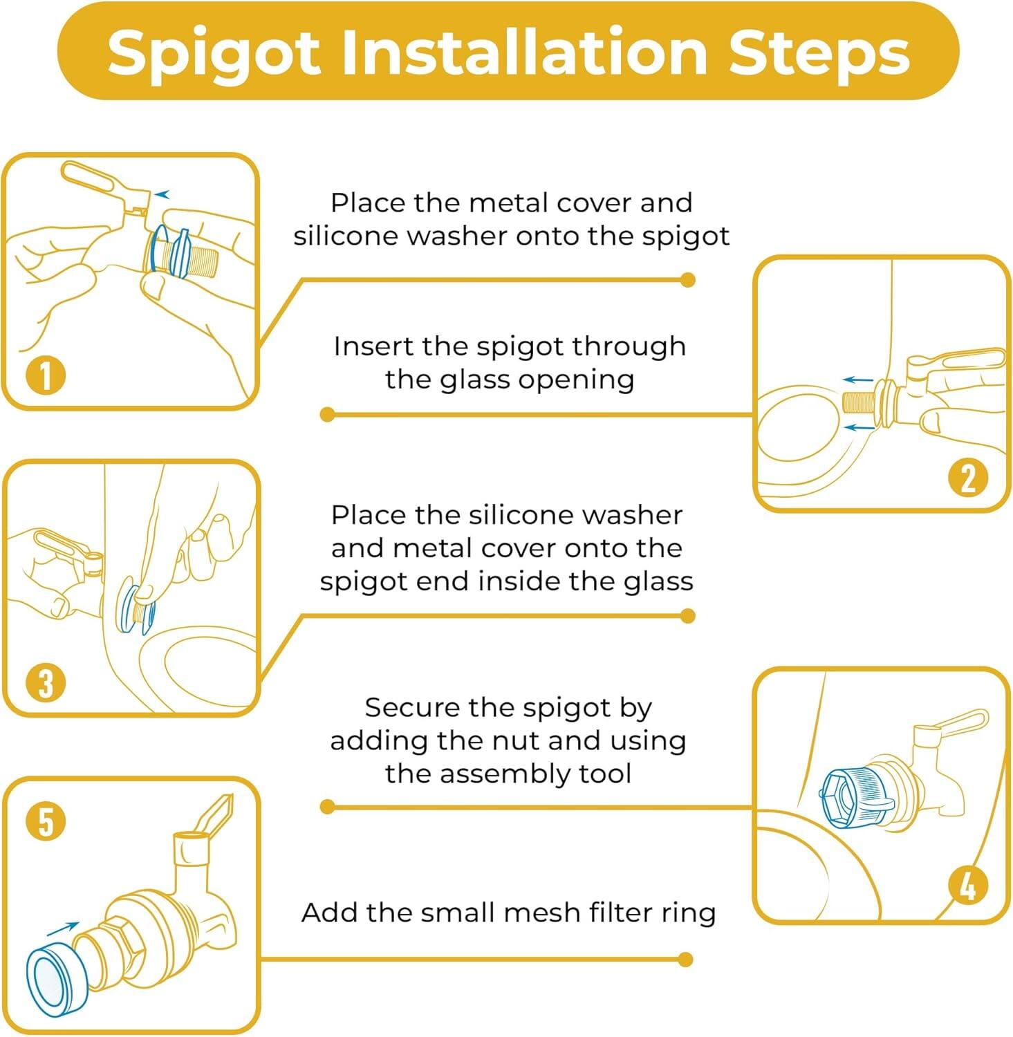 Spigot Installation Steps

1. Place the metal cover and silicone washer onto the spigot.
2. Insert the spigot through the glass opening.
3. Place the silicone washer and metal cover onto the spigot end inside the glass.
4. Secure the spigot by adding the nut and using the assembly tool.
5. Add the small mesh filter ring.