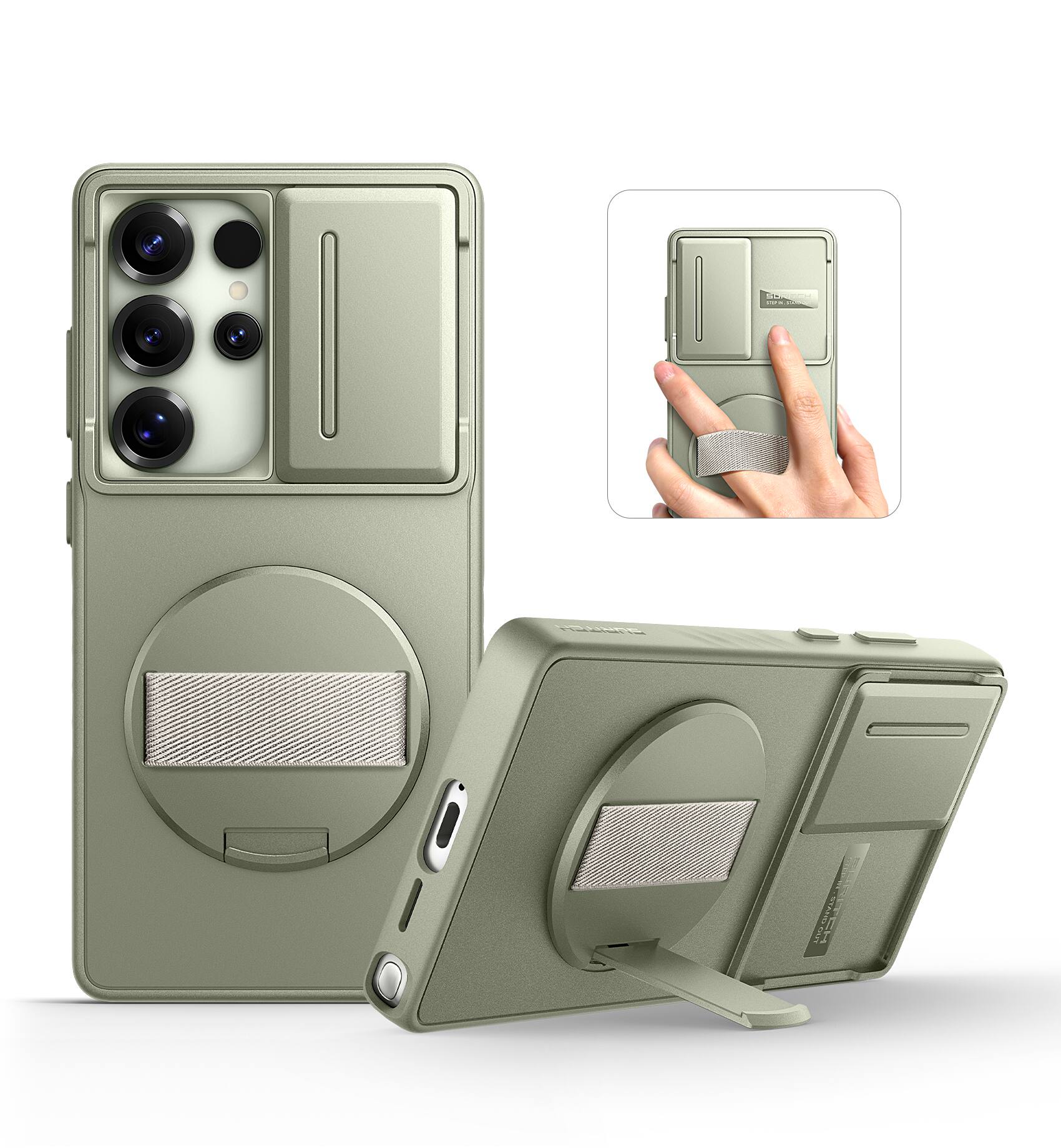 Angle. SURITCH - Case for Samsung Galaxy S25 Ultra with 360° Rotatable Hand Strap, Invisible Kickstand, Camera Cover, Rugged Shockproof - Khaki Green.