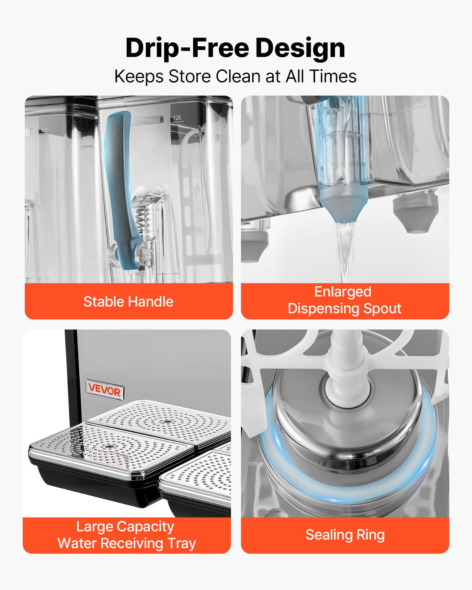 Drip-Free Design Keeps Store Clean at All Times

- Stable Handle
- Enlarged Dispensing Spout
- Large Capacity Water Receiving Tray
- Sealing Ring