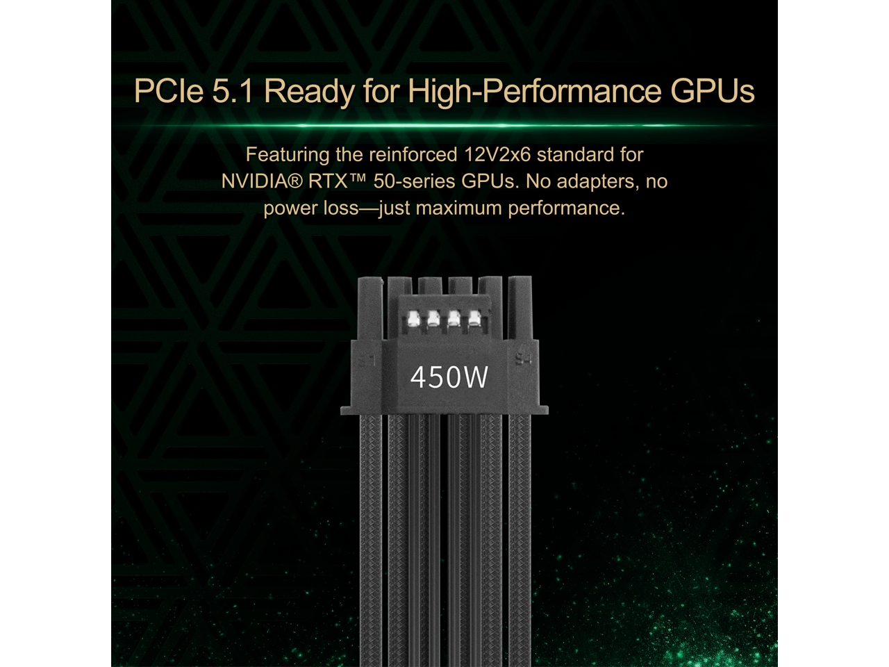 PCle 5.1 Ready for High-Performance GPUs  
Featuring the reinforced 12V2x6 standard for NVIDIA® RTX™ 50-series GPUs. No adapters, no power loss—just maximum performance.  
450W