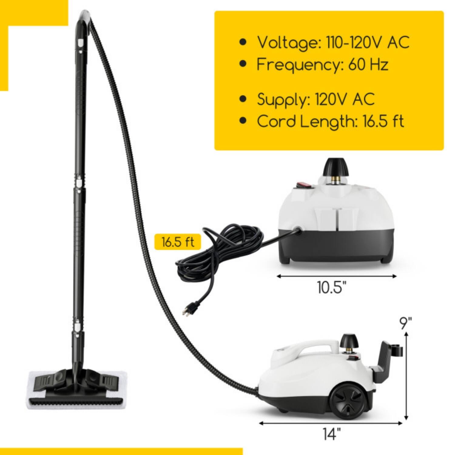 Voltage: 110-120V AC  
Frequency: 60 Hz  
Supply: 120V AC  
Cord Length: 16.5 ft  

Dimensions:  
- 10.5"  
- 9"  
- 14"