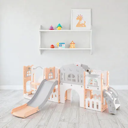 Front. BreeBe - Toddler Multi-Activity Playset Featuring 10 Functions Including Slide, Swing, and Hoop - Pink.