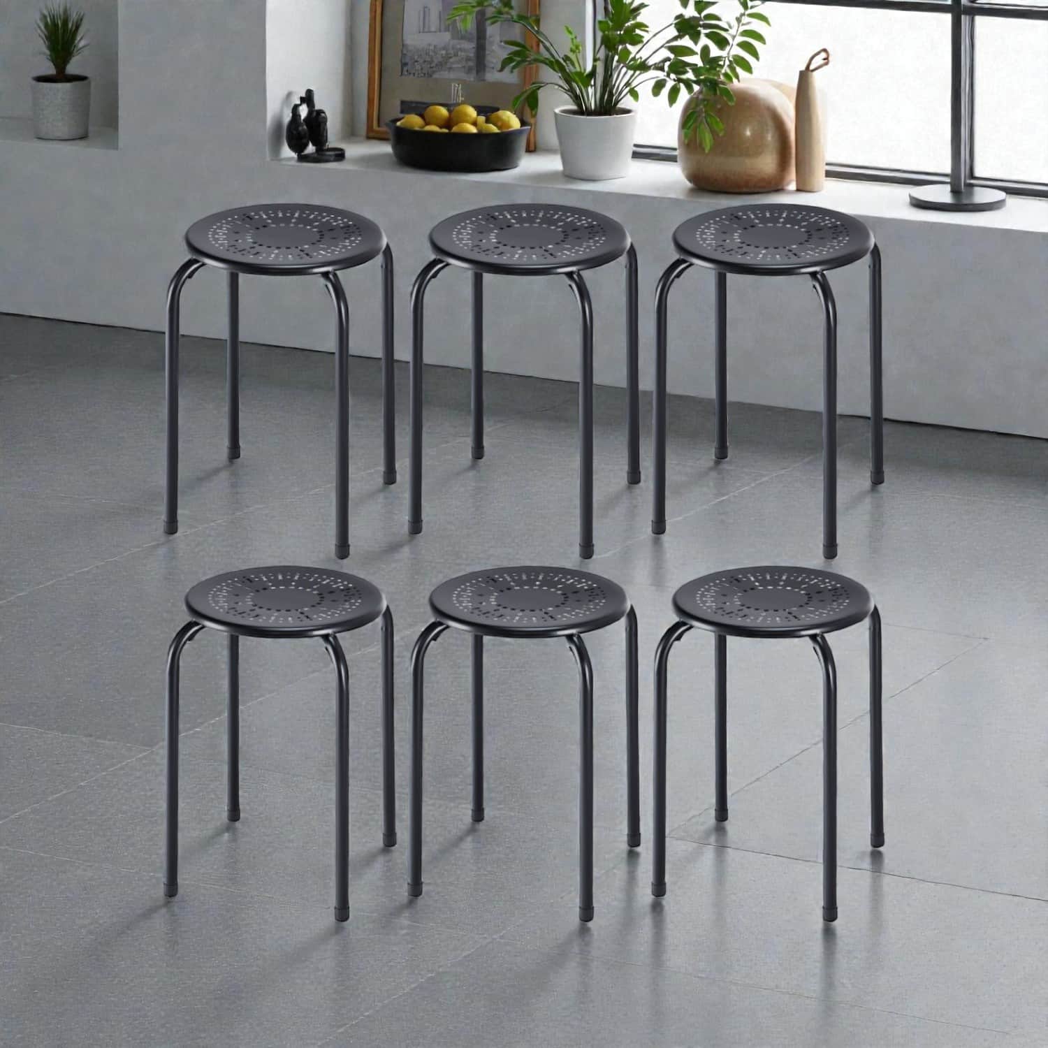 Hivvago - Six-Piece Stackable Metal Stool Set with Round Seat and Floral Design - Black