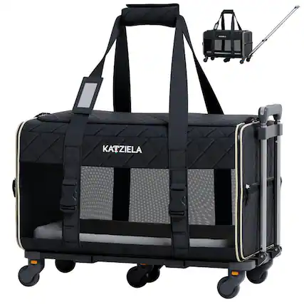 Front. Katziela - Quilted Chariot Pet Carrier With Removable Wheels and Telescopic Handle.