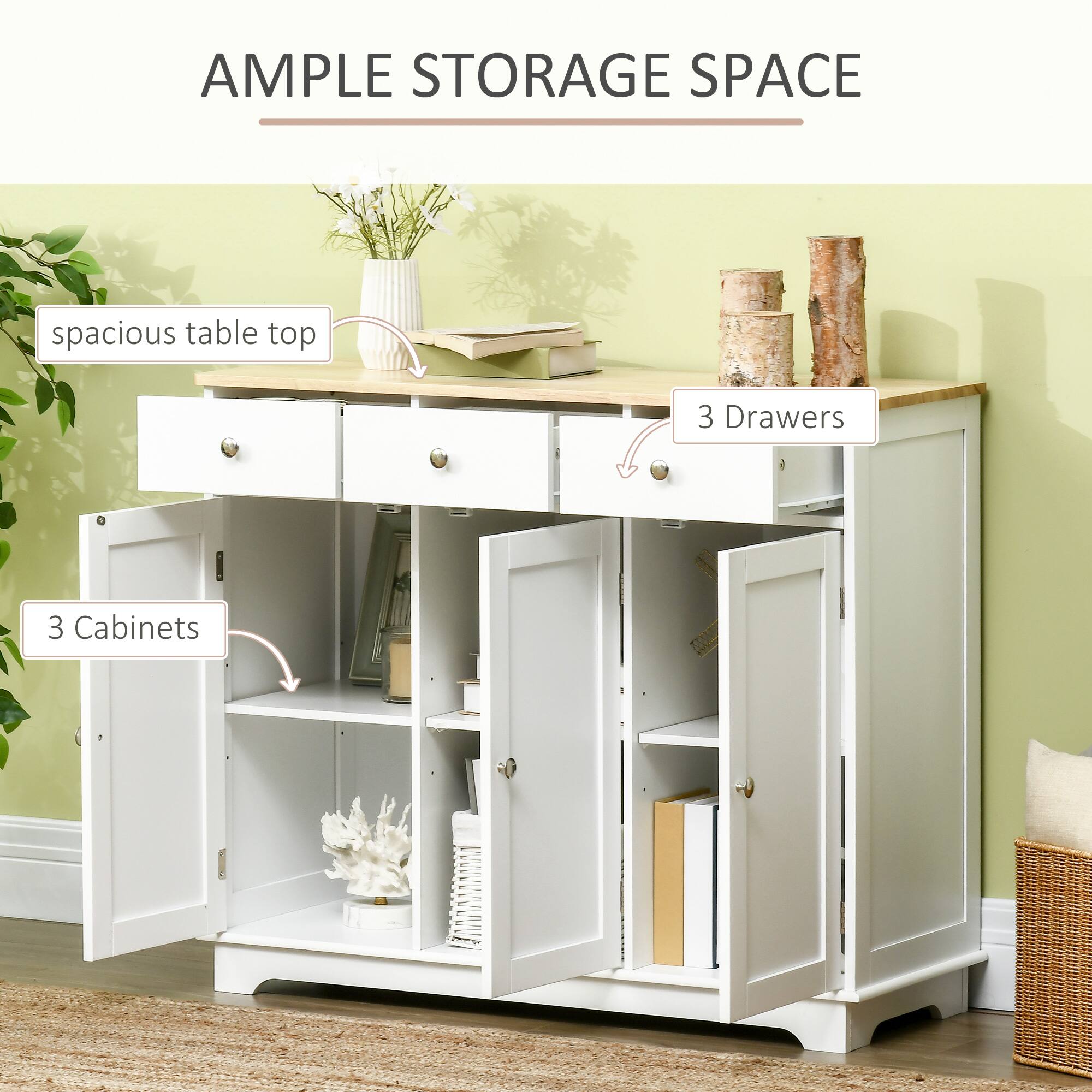 AMPLE STORAGE SPACE
spacious table top
3 Drawers
3 Cabinets