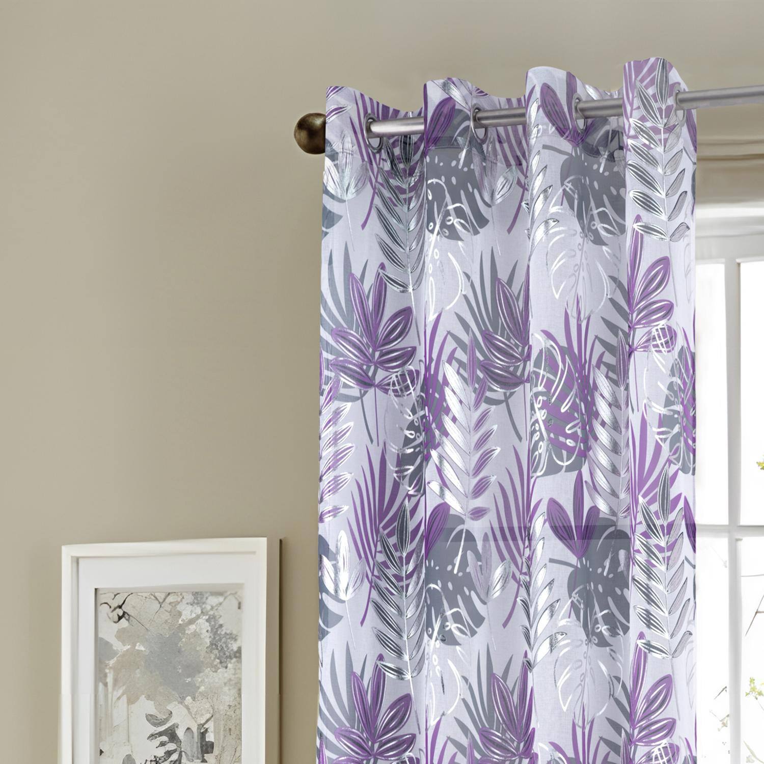 Left. RT Designers Collection - RT Designer Collection Fern Foil Printed Doily Luxurious Decorative Grommet Curtain Panel 54" x 90" Lilac - Lilac.