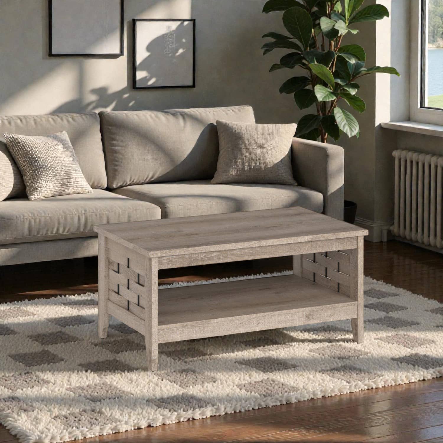 Hivvago - Vintage-Inspired 2-Tier Coffee Table with Functional Shelf and Woven Accents - Oak