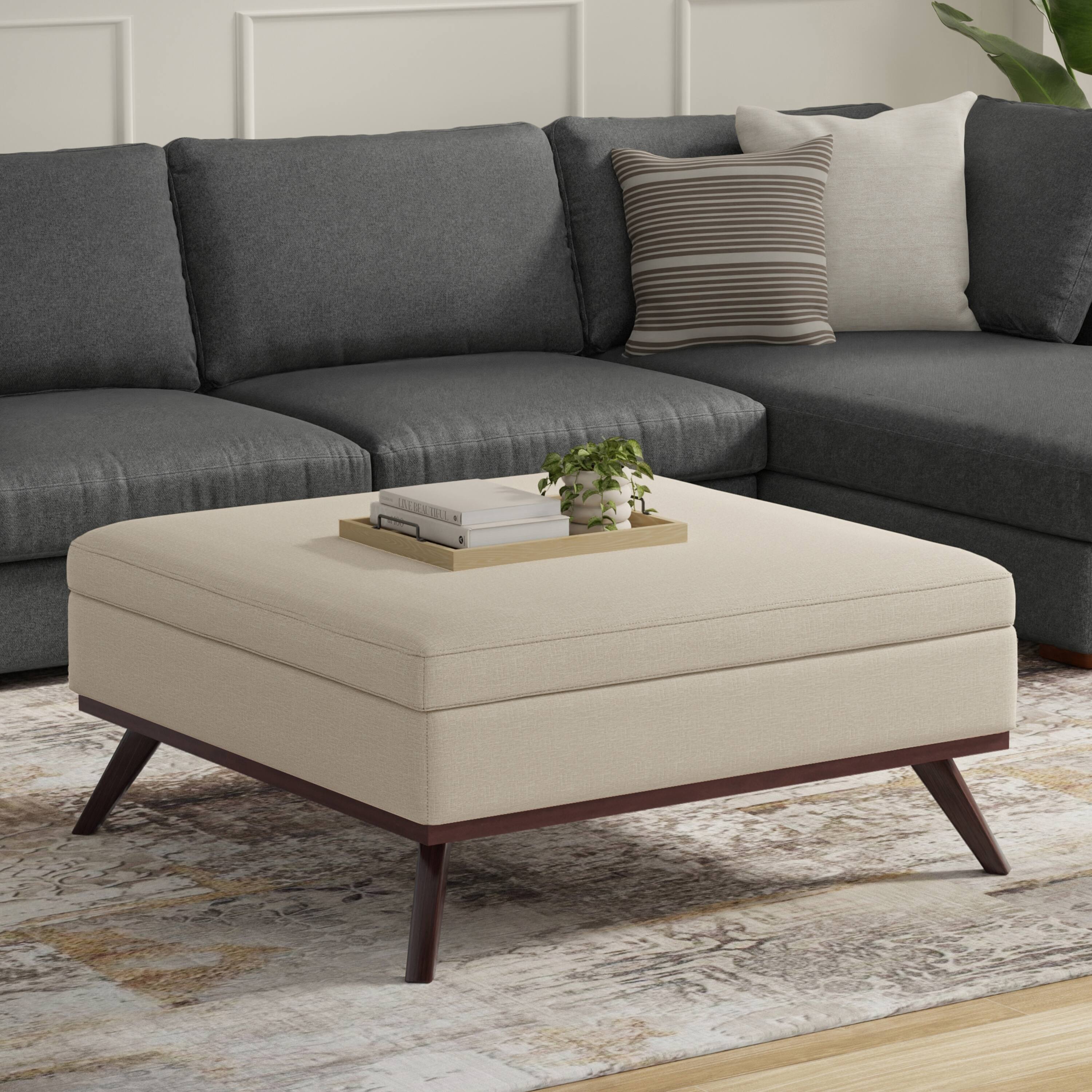 Angle. Simpli Home - Owen 40 inch Wide XL Square Coffee Table Storage Ottoman in Natural Polyester Fabric - Natural.