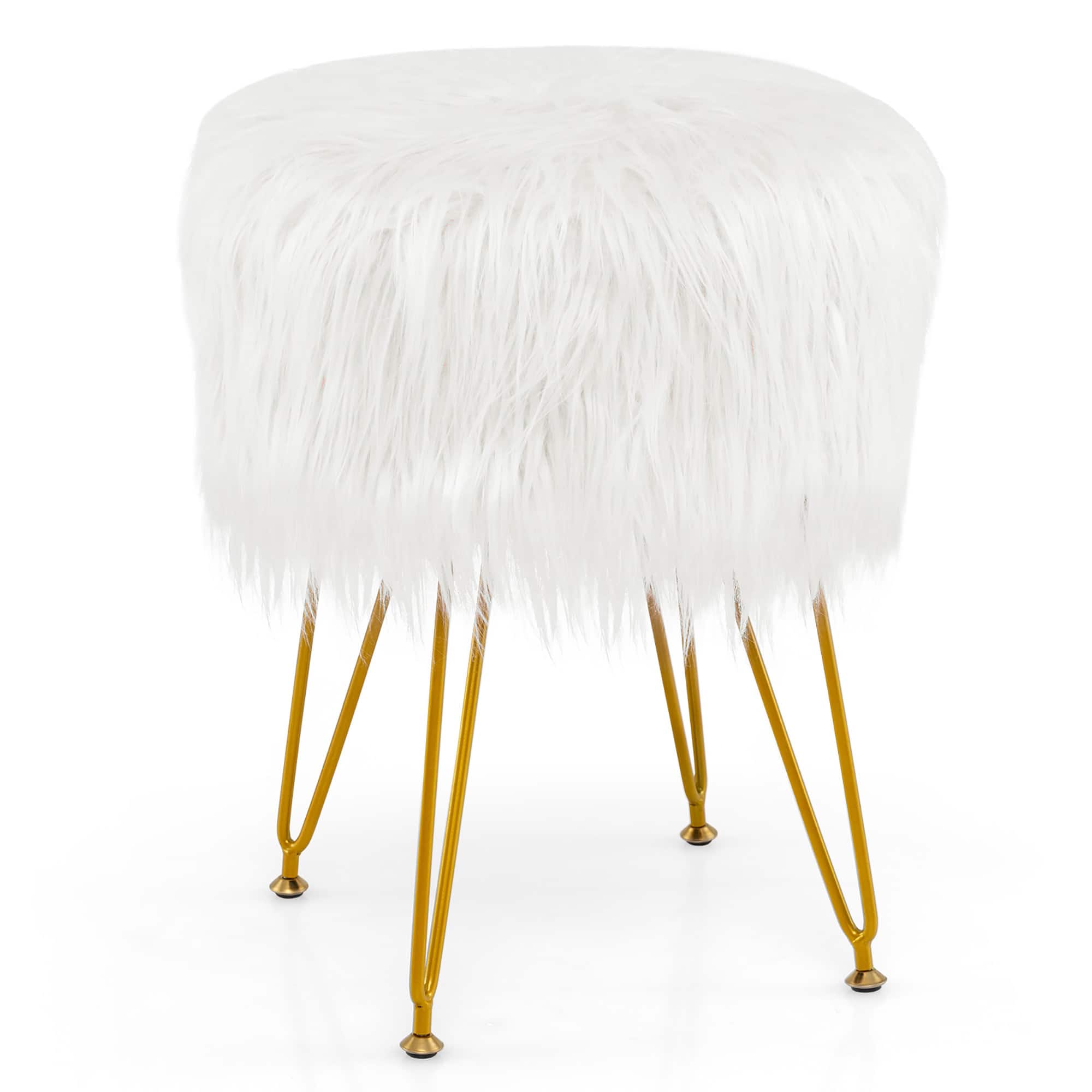 Gymax - Vanity Chair Makeup Stool Furry Padded Seat Round Ottoman - White