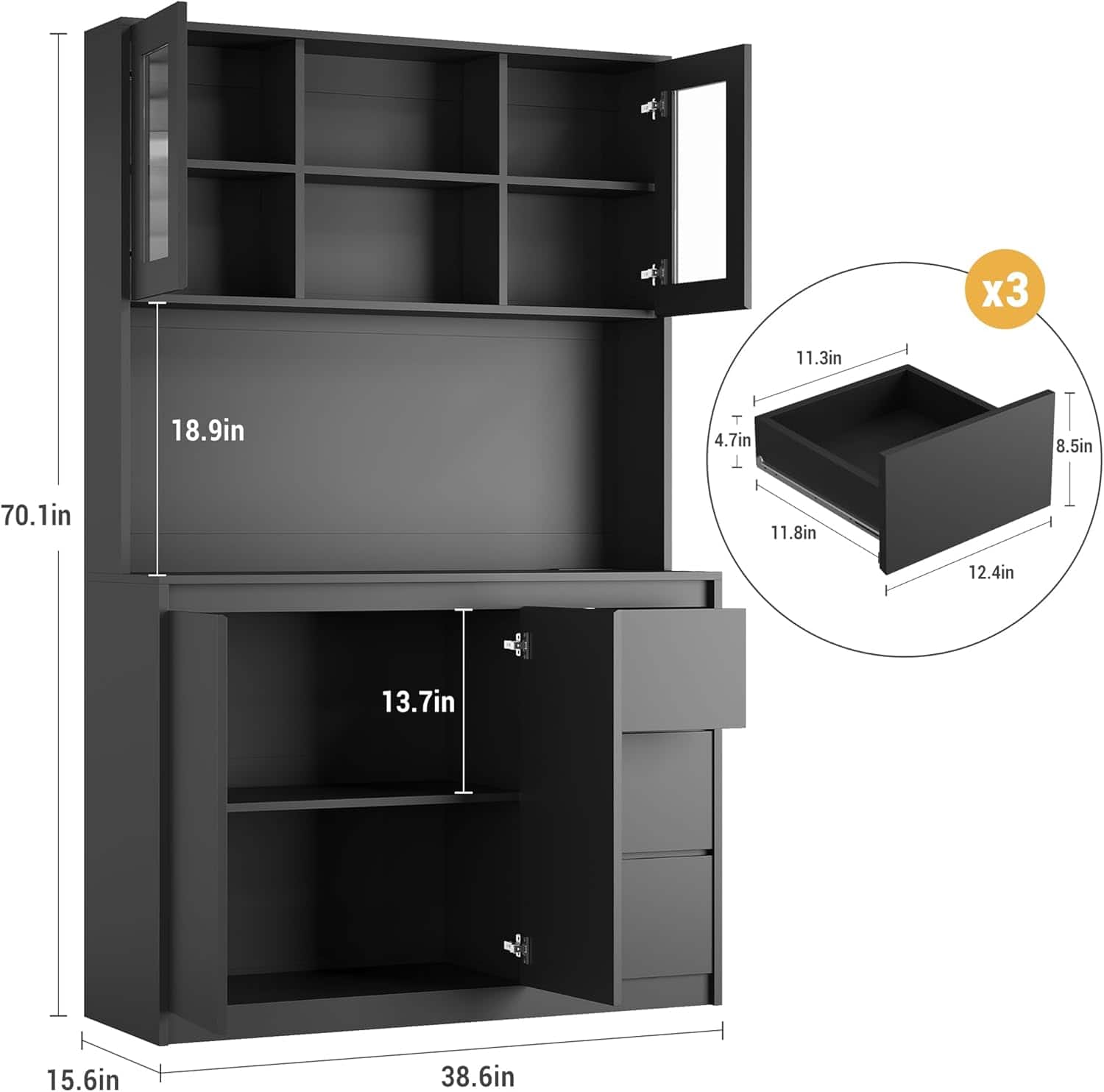 Homhougo - 71" Kitchen Pantry Cabinet, Microwave Shelf, LED Lights & Charging - Black