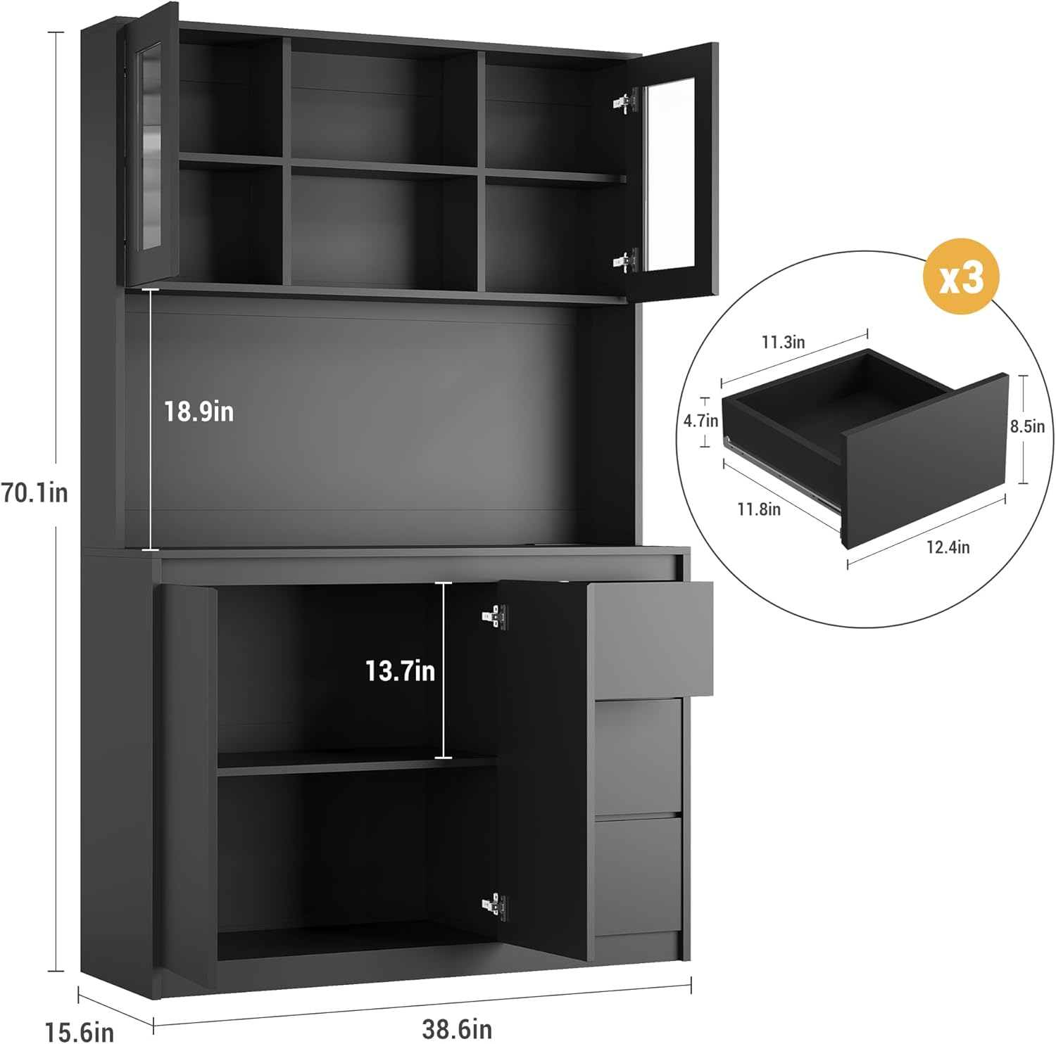 x3  
11.3in  
18.9in  
4.7in  
8.5in  
70.1in  
11.8in  
12.4in  
13.7in  
15.6in  
38.6in