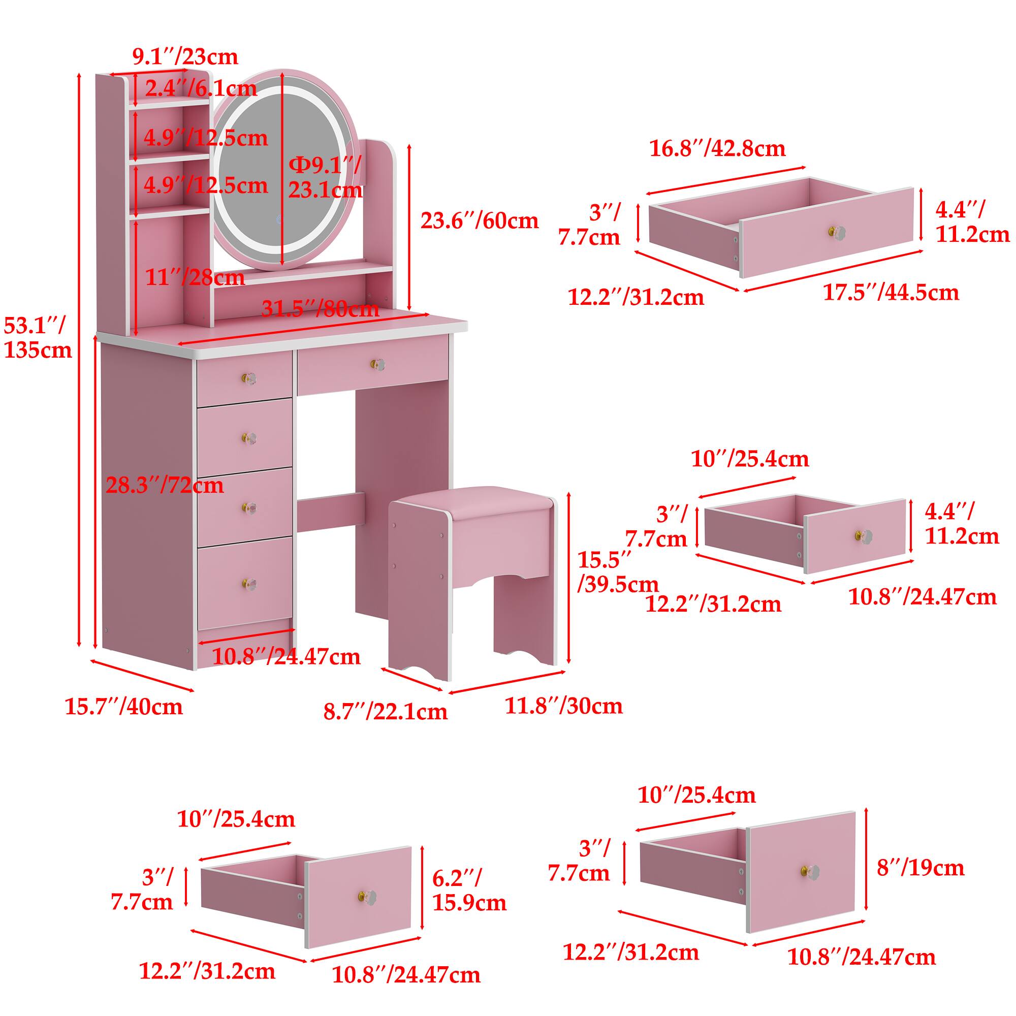 Here is the corrected and grouped text based on the image:

- 9.1"/23cm
- 2.4"/6.1cm
- 4.9"/12.5cm
- 16.8"/42.8cm
- 23.1cm
- 23.6"/60cm
- 3"/7.7cm
- 4.4"/11.2cm
- 53.1"/135cm
- 11"/28cm
- 31.5"/80cm
- 12.27/31.2cm
- 17.5"/44.5cm
- 28.3"/72cm
- 10"/25.4cm
- 3"/7.7cm
- 4.4"/11.2cm
- 11.2cm
- 15.5"/39.5cm
- 12.22/31.2cm
- 10.8"/24.47cm
- 10.8"/24.47cm
- 15.7"/40cm
- 8.77/22.1cm
- 11.8"/30cm
- 10"/25.4cm
- 3"/7.7cm
- 6.2"/15.9cm
- 87/19cm
- 12.22/31.2cm
- 12.27/31.2cm
- 10.8"/24.47cm
- 10.8"/24.47cm