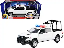 2019 RAM 1500 Laramie Crew Cab Pickup Truck with Bed Cage White with Lights and Sounds 1/27 Model Car by Motormax