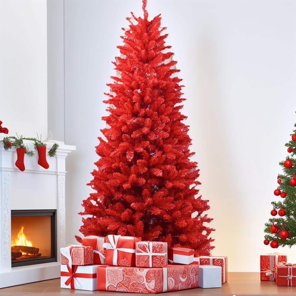 Pefilos - 7ft PVC Christmas Tree with Hinged Branches for Easy Setup, 1066 Tips, Stable Metal Base for Christmas Decor - Red