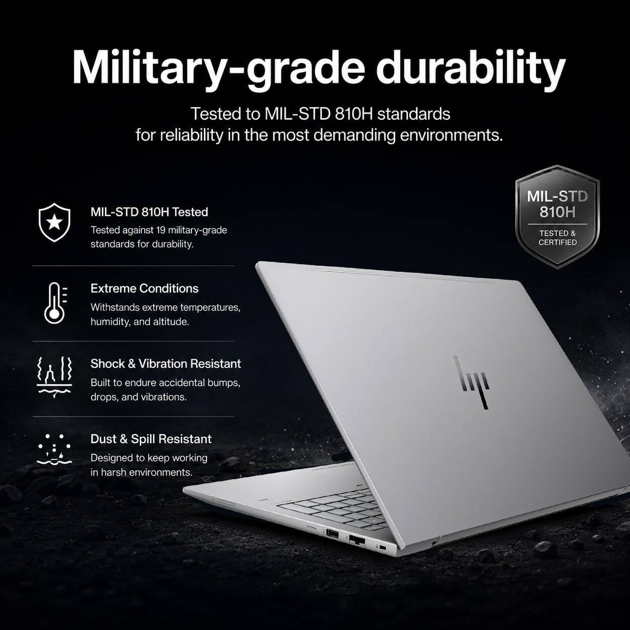 Military-grade durability  
Tested to MIL-STD 810H standards for reliability in the most demanding environments.  
MIL-STD 810H Tested  
Tested against 19 military-grade standards for durability.  
MIL-STD 810H TESTED & CERTIFIED  
Extreme Conditions  
Withstands extreme temperatures, humidity, and altitude.  
Shock & Vibration Resistant  
Built to endure accidental bumps, drops, and vibrations.  
Dust & Spill Resistant  
Designed to keep working in harsh environments.