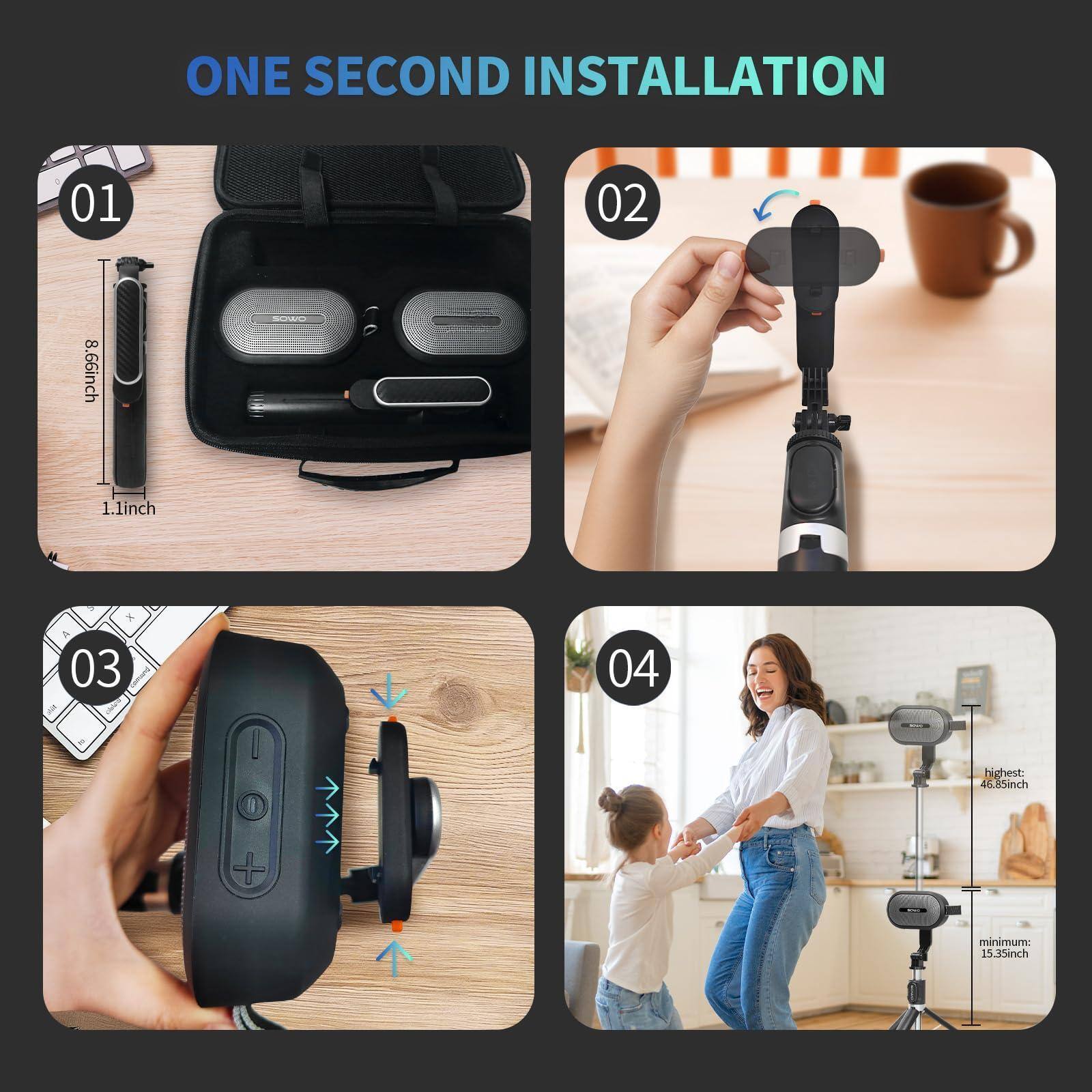 ONE SECOND INSTALLATION

01
8.66inch - 1.1inch

02

03

04
highest: 46.05inch
minimum: 15.35inch