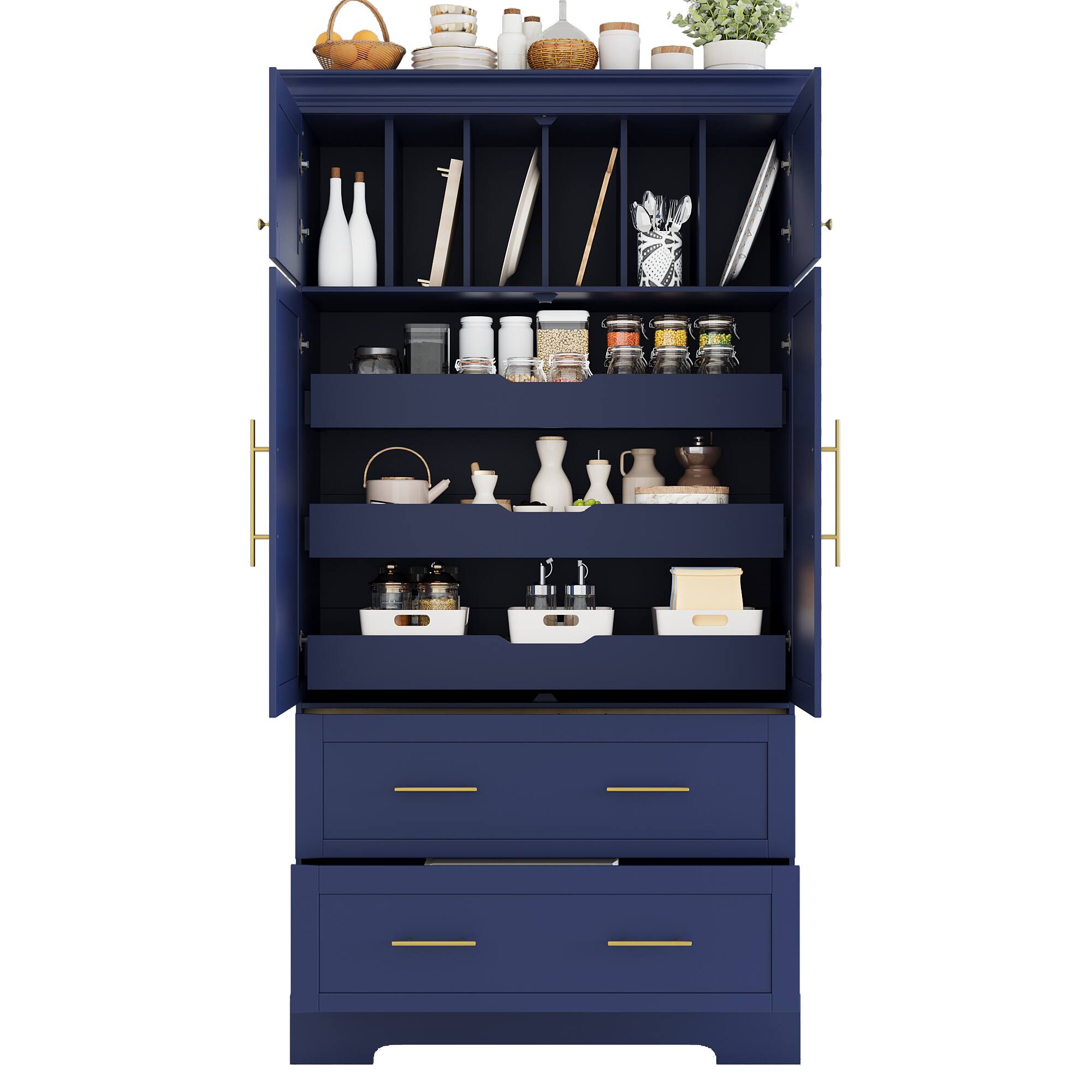 Alt View 1. Forest'nSky - 72.6" Farmhouse Kitchen Pantry, 40" Wide with Pull-Out Trays & Cake Pan Storage Organizer, Blue - Blue.