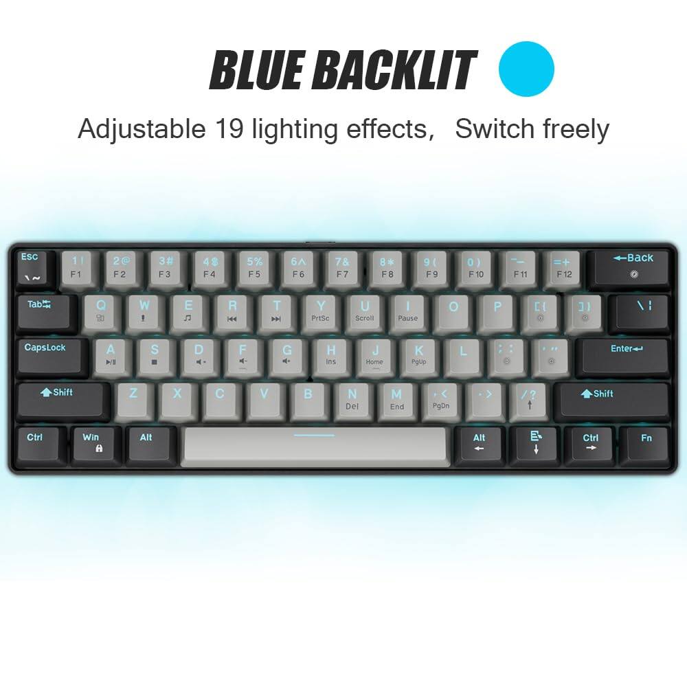 BLUE BACKLIT  
Adjustable 19 lighting effects, Switch freely  

ESC 1 F1 2 F2 3 F3 4 F4 5 F5 6 F6 7 F7 8 F8 9 F9 0 F10 F11 F12  
Back Tab Q W E R T Y U I O P  
CapsLock A S D F G H J K L Enter  
Shift Z X C V B N M Del End PgDn  
Ctrl Win Alt Alt Ctrl Fn