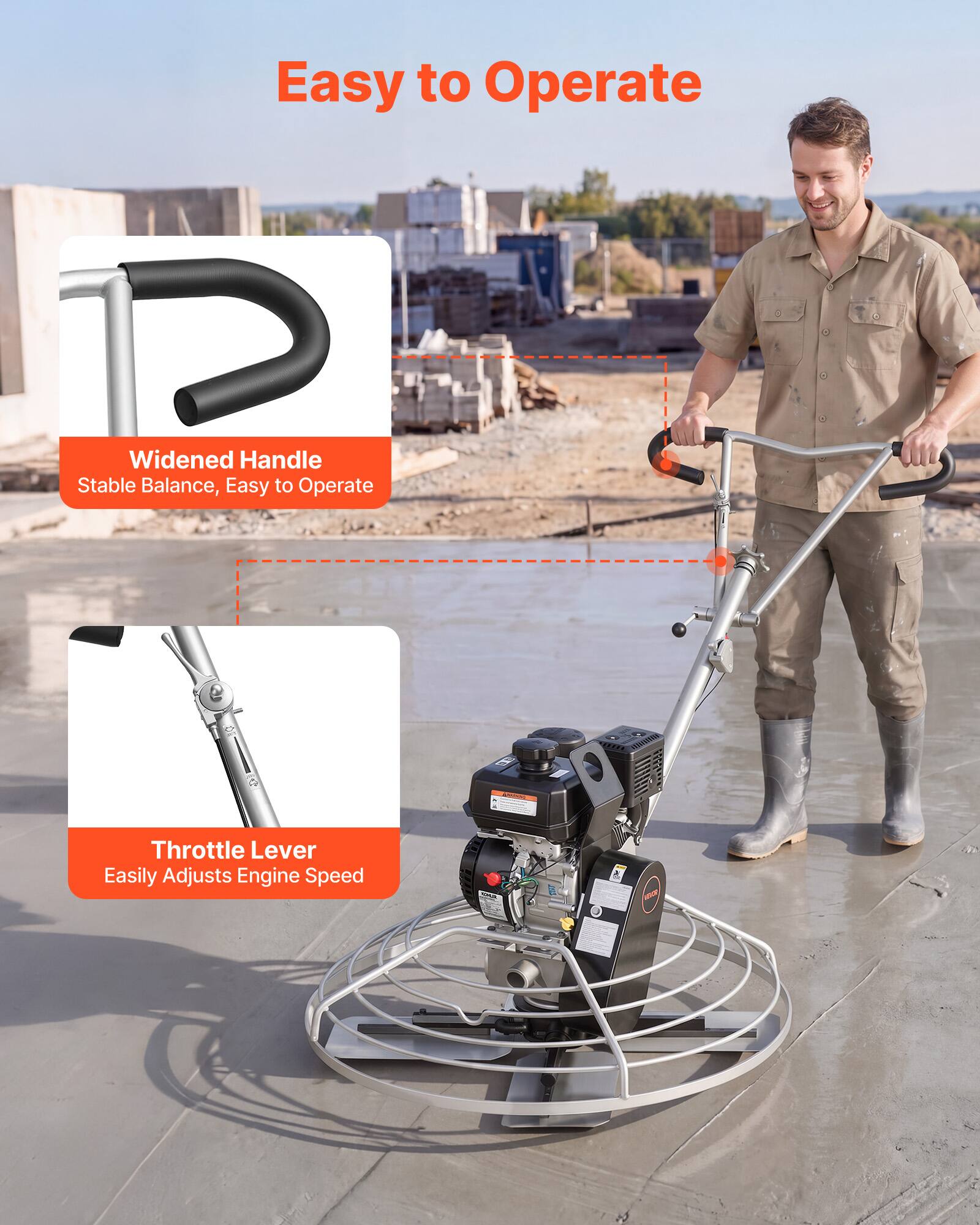 Easy to Operate

Widened Handle
Stable Balance, Easy to Operate

Throttle Lever
Easily Adjusts Engine Speed