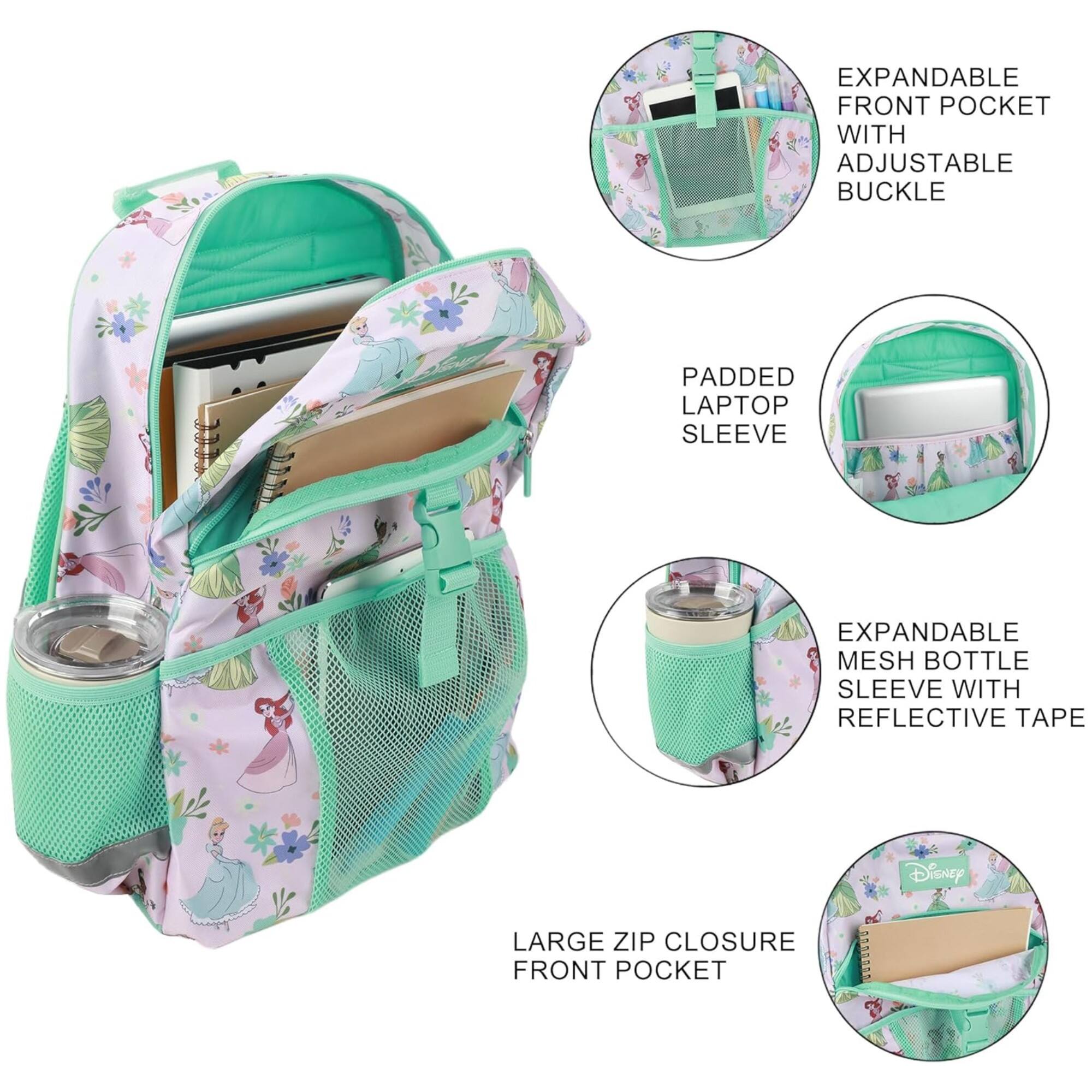 EXPANDABLE FRONT POCKET WITH ADJUSTABLE BUCKLE  
PADDED LAPTOP SLEEVE  
EXPANDABLE MESH BOTTLE SLEEVE WITH REFLECTIVE TAPE  
LARGE ZIP CLOSURE FRONT POCKET