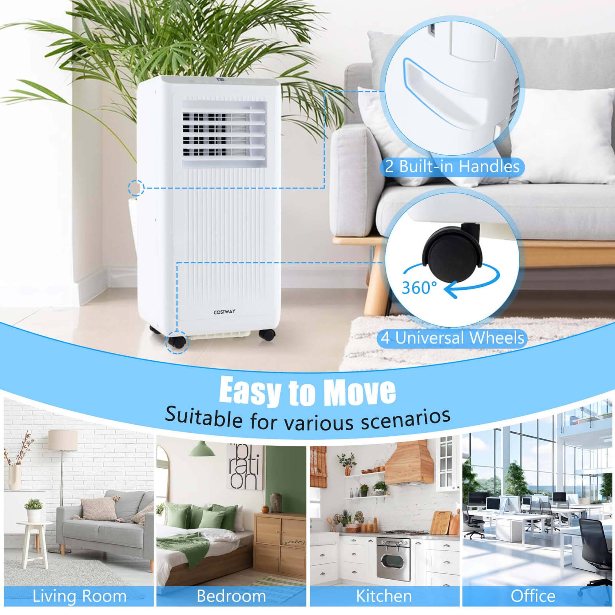 The text on the image is grouped as follows:

1. "2 Built-in Handles"
2. "360 COSPWAT"
3. "4 Universal Wheels"
4. "Easy to Move"
5. "Suitable for various scenarios"
6. "Dl ratio on Living Room Bedroom Kitchen Office"
