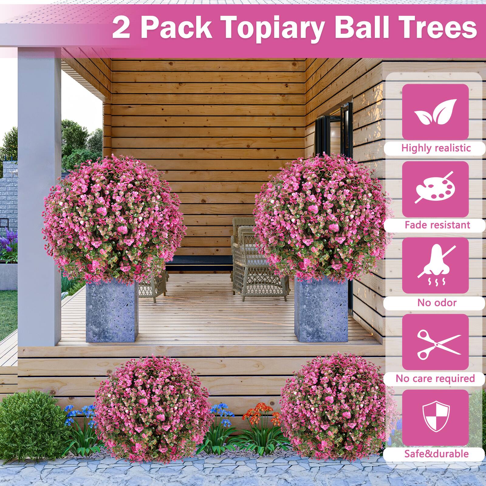 2 Pack Topiary Ball Trees

- Highly realistic
- Fade resistant
- No odor
- No care required
- Safe & durable