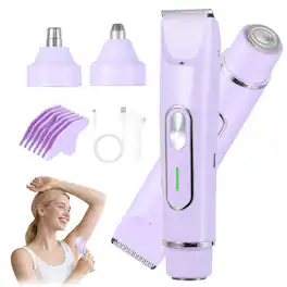 HATTEKER - 4-in-1 Women’s Electric Razor for Bikini, Legs, Face, Eyebrow & Nose Hair Low Noise Body Hair Trimmer Type-C Charging - purple