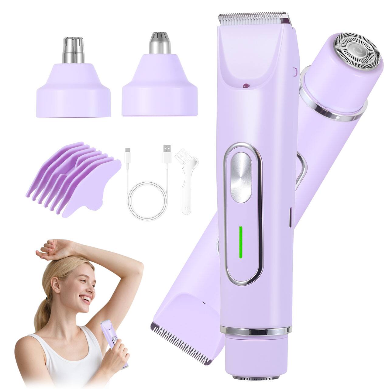 Front. HATTEKER - 4-in-1 Women’s Electric Razor for Bikini, Legs, Face, Eyebrow & Nose Hair Low Noise Body Hair Trimmer Type-C Charging - purple.