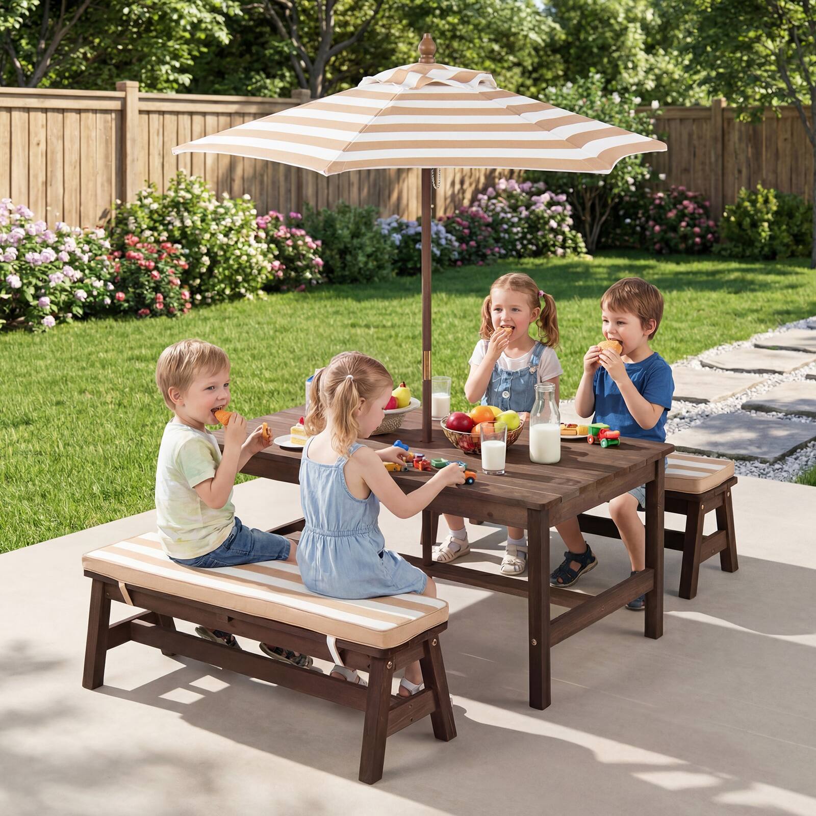 Alt View 1. Gymax - Gymax Kids Picnic Table Outdoor Wooden Table & Bench Set with Removable Umbrella - Coffee.