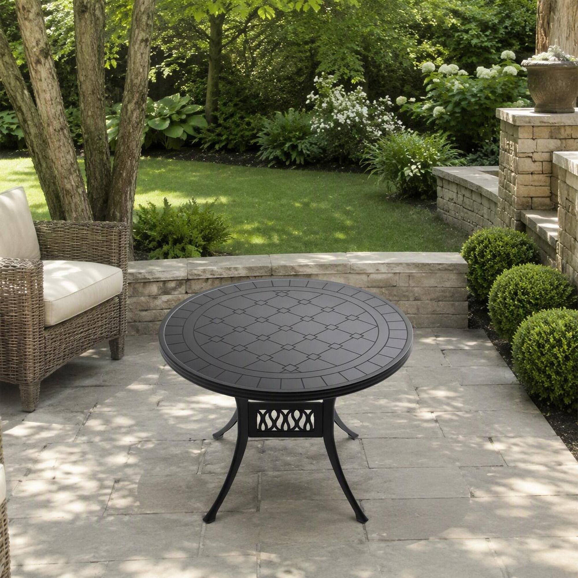 Angle. RYHNUYNE - Round Cast Aluminum Patio Dining Table,39.37" Black Outdoor Bistro Table for Garden Deck Balcony - Black.