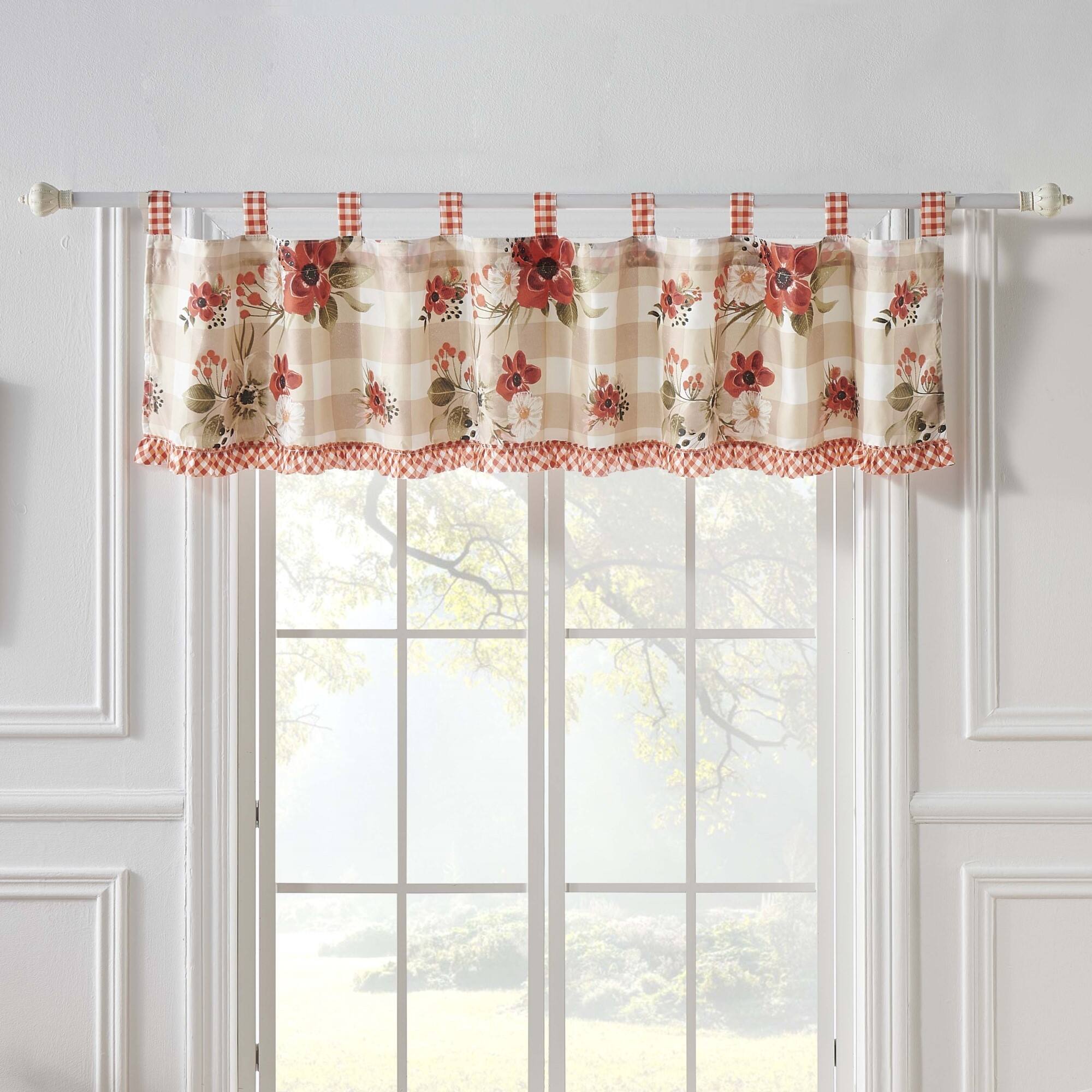 Angle. Greenland Home Fashions - Wheatly Farmhouse Gingham Tab Top Valance 84" x 19" by Greenland Home Fashion - Truffle.