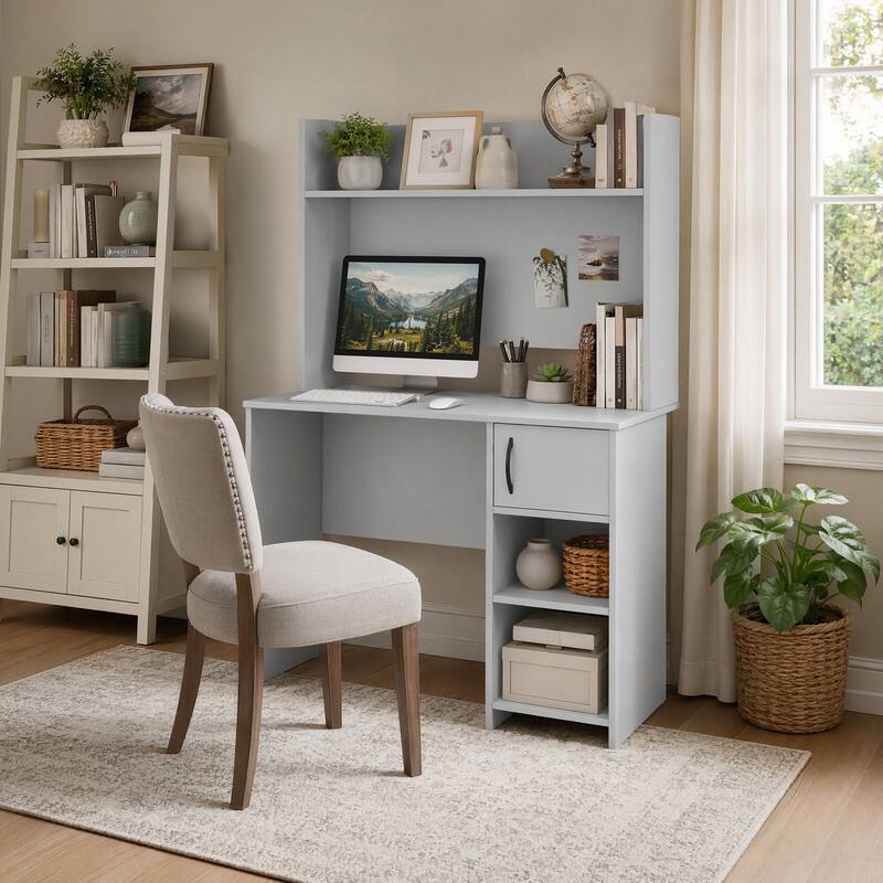 Angle. WELLFOR - 41.5" Home Office Desk with Display Shelf and 2 Open Shelves, Computer Desk Writing Study Desk - Gray.