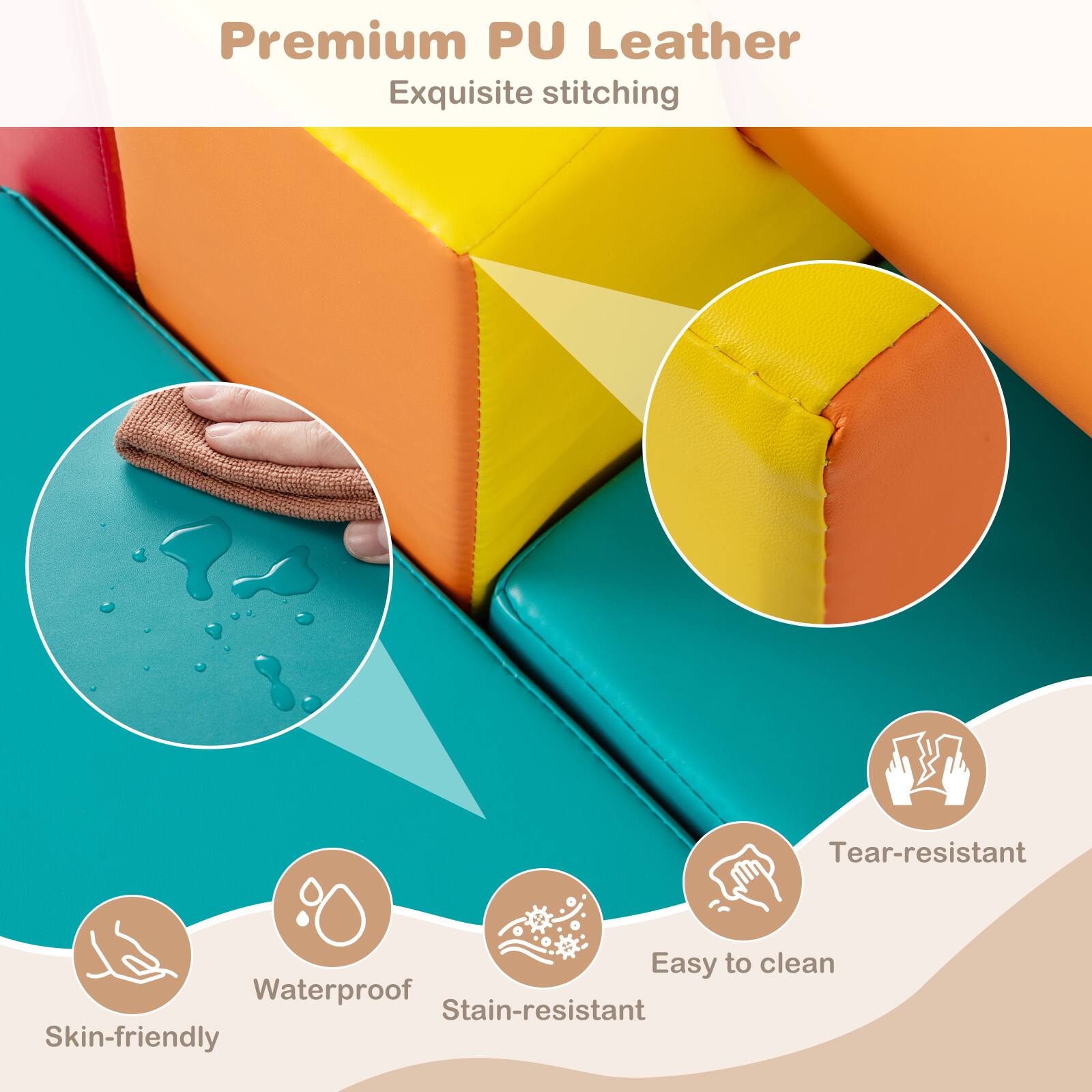 Premium PU Leather  
Exquisite stitching  
Tear-resistant  
Easy to clean  
Waterproof  
Stain-resistant  
Skin-friendly