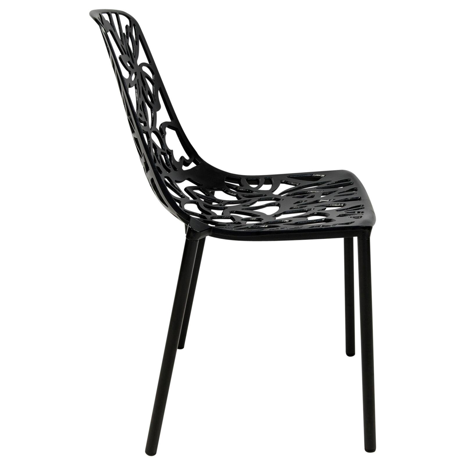 Alt View 4. LeisureMod - Devon (Set of 2) Aluminum Outdoor Dining Chair, UV Resistant & Stackable Floral Design Accent Chair - Fully Assembled - Black.