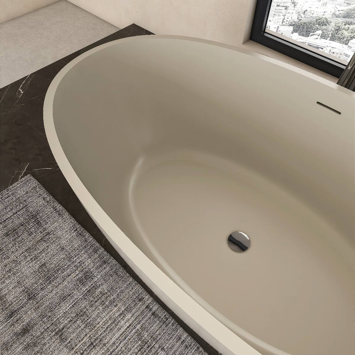 Left. Loheer - Loheer 55 Inch Freestanding Solid Surface Soaking Bathtub Matte Light Beige Oval Center Drain - Light beige.