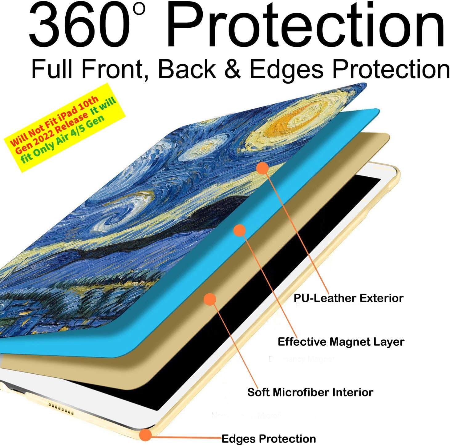 360° Protection  
Full Front, Back & Edges Protection  

Will Not Fit iPad 10th Gen 2022 Release It will fit Only Air 4/5 Gen  

PU-Leather Exterior  
Effective Magnet Layer  
Soft Microfiber Interior  
Edges Protection