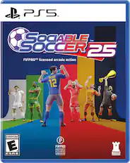 PS5 TM SOCIABLE TM SOCCER 25 FIFPRO TM licensed arcade action SENSI 12 7 15 17 20 24 EVERYONE E ESRB F FIFPRO FOOTBALL PLAYERS WORLDWIDE TOWER STUDIOS