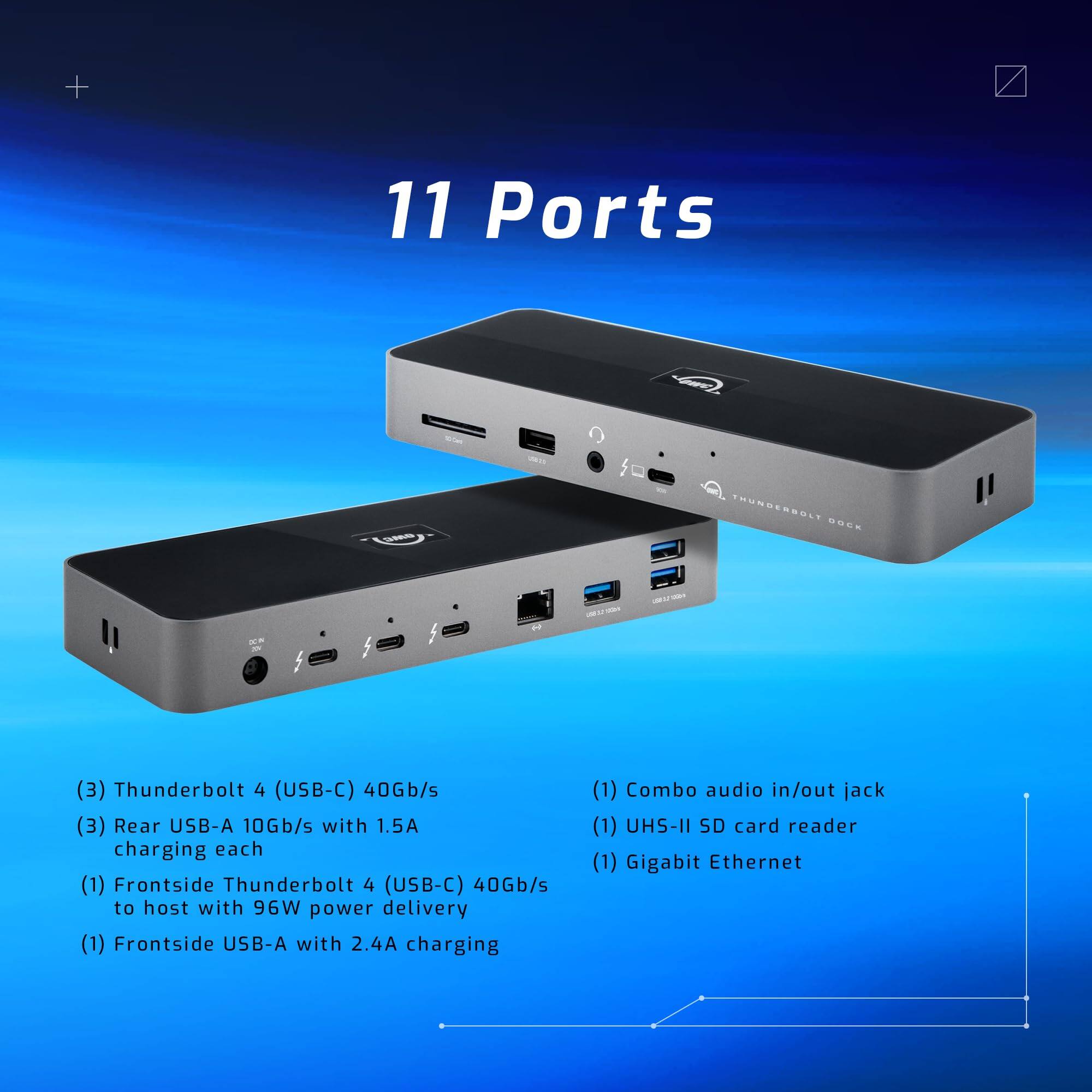 + 11 Ports  
TRUNDESSOLT ONE  
- -  
(3) Thunderbolt 4 (USB-C) 40Gb/s  
(3) Rear USB-A 10Gb/s with 1.5A charging each  
(1) Frontside Thunderbolt 4 (USB-C) 40Gb/s to host with 96W power delivery  
(1) Frontside USB-A with 2.4A charging  
(1) Combo audio in/out jack  
(1) UHS-II SD card reader  
(1) Gigabit Ethernet