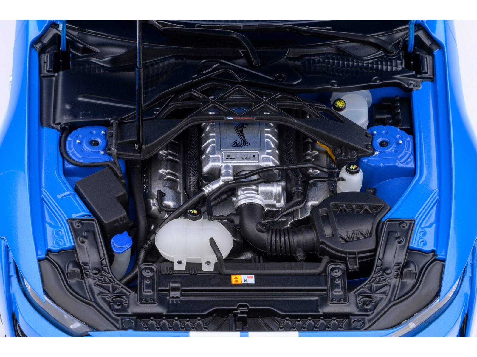 Left. Autoart - Ford Mustang Shelby GT500 Grabber Blue with White Stripes 1/18 Model Car by Autoart - Blue with White Stripes.