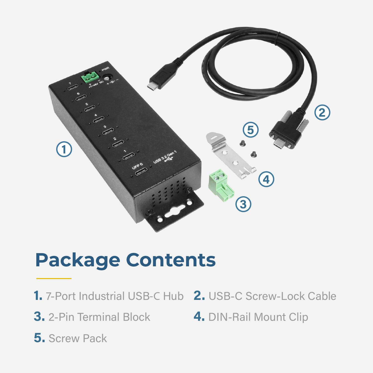 PWR  
7  
6  
- + DC + -2% +7=45V  
1  

3  
2  
0 UFP  
1 3.2 Gen USB &  

Package Contents  
1. 7-Port Industrial USB-C Hub  
2. USB-C Screw-Lock Cable  
3. 2-Pin Terminal Block  
4. DIN-Rail Mount Clip  
5. Screw Pack