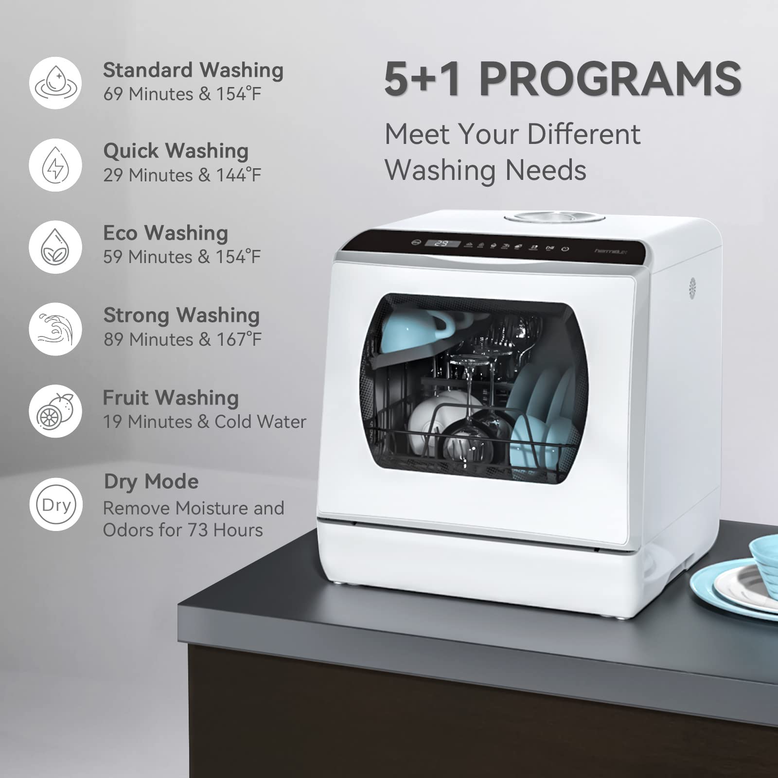 5+1 PROGRAMS  
Meet Your Different Washing Needs

- Standard Washing  
  69 Minutes & 154°F

- Quick Washing  
  29 Minutes & 144°F

- Eco Washing  
  59 Minutes & 154°F

- Strong Washing  
  89 Minutes & 167°F

- Fruit Washing  
  19 Minutes & Cold Water

- Dry Mode  
  Remove Moisture and Odors for 73 Hours