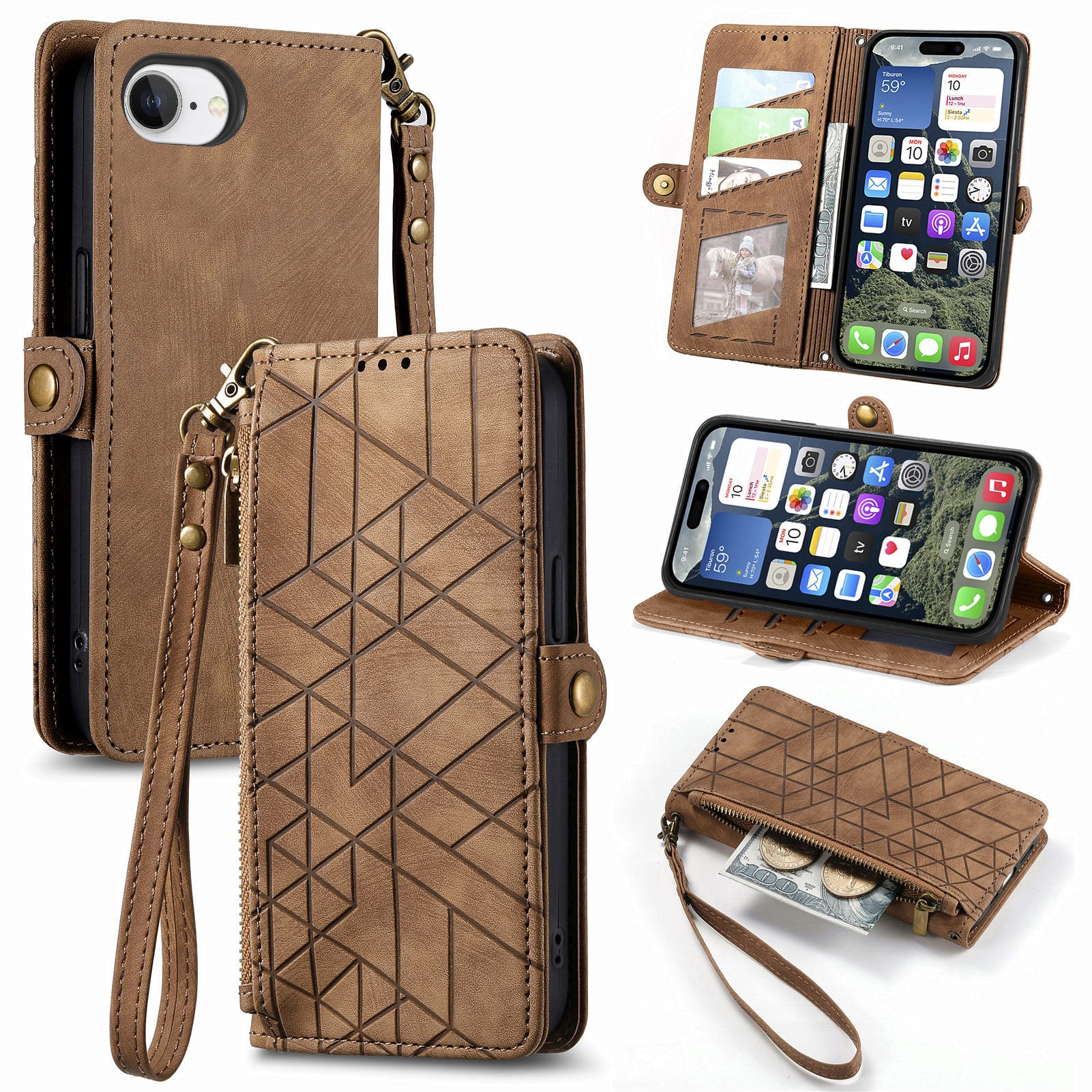 Dteck - Zipper Wallet Pocket Case for iPhone 17E/16E, Shockproof with Card Holders PU Leather Embossed Stand Wristlet - Brown price history on PriceWatchPro