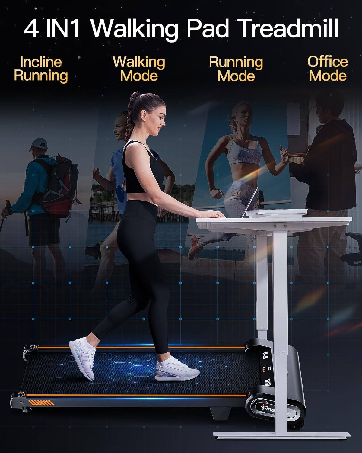4 IN1 Walking Pad Treadmill

- Incline Running
- Walking Mode
- Running Mode
- Office Mode