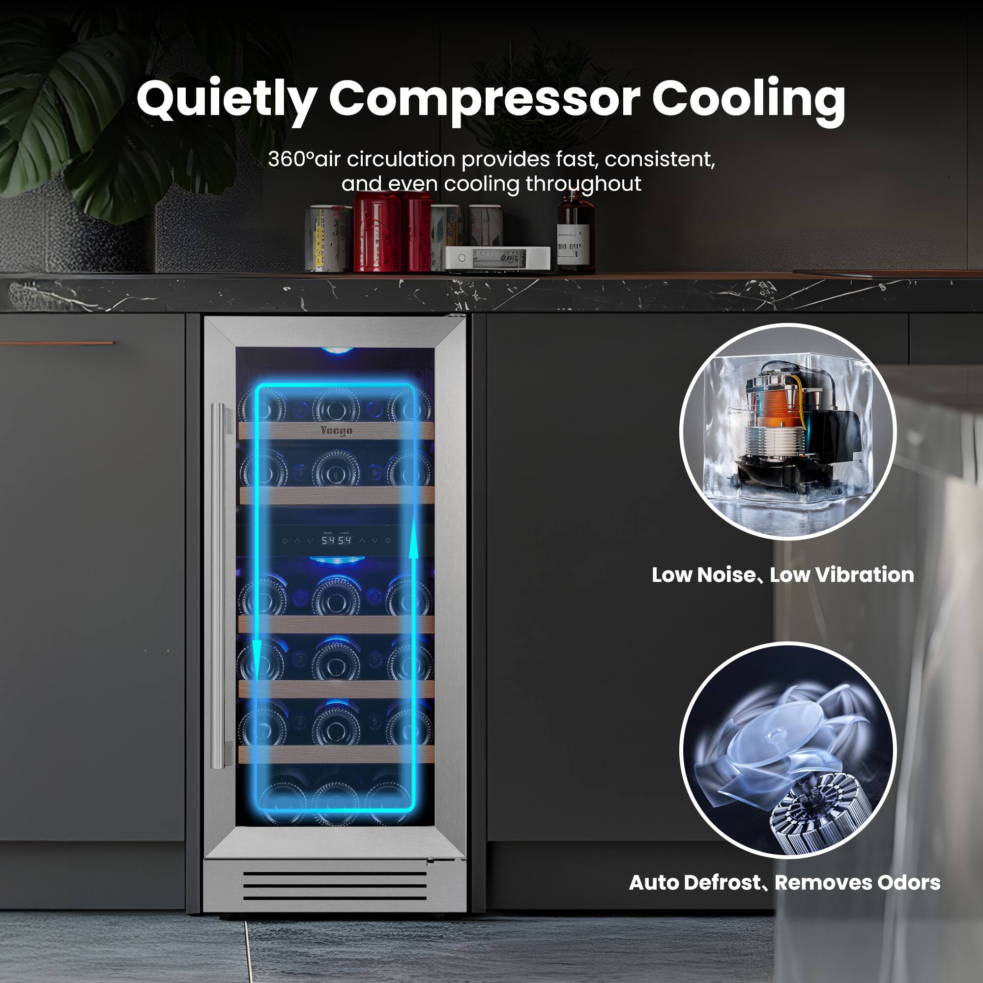 Quietly Compressor Cooling 360° air circulation provides fast, consistent, and even cooling throughout. Low Noise, Low Vibration. Auto Defrost, Removes Odors.