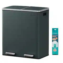 Songmics Home - Trash Can, 2 x 8 Gallon (2 x 30 L) Garbage Can for Kitchen, with 15 Trash Bags, 2 Compartments - Greenish-Gray