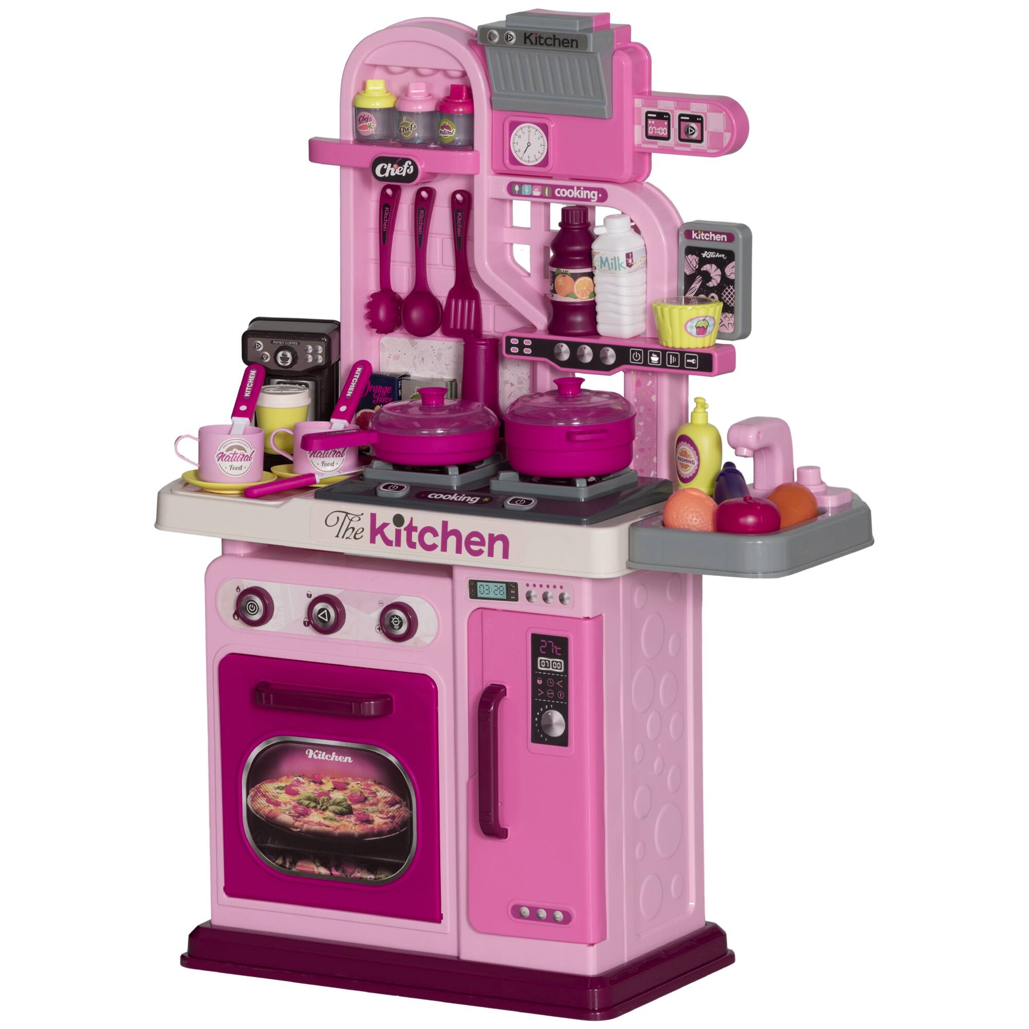 Ecooso - Pretend Play Kitchen Toy for Kids with Lights, Sounds, Accessories, and Storage, Interactive Playset for Ages 3-6 - Pink