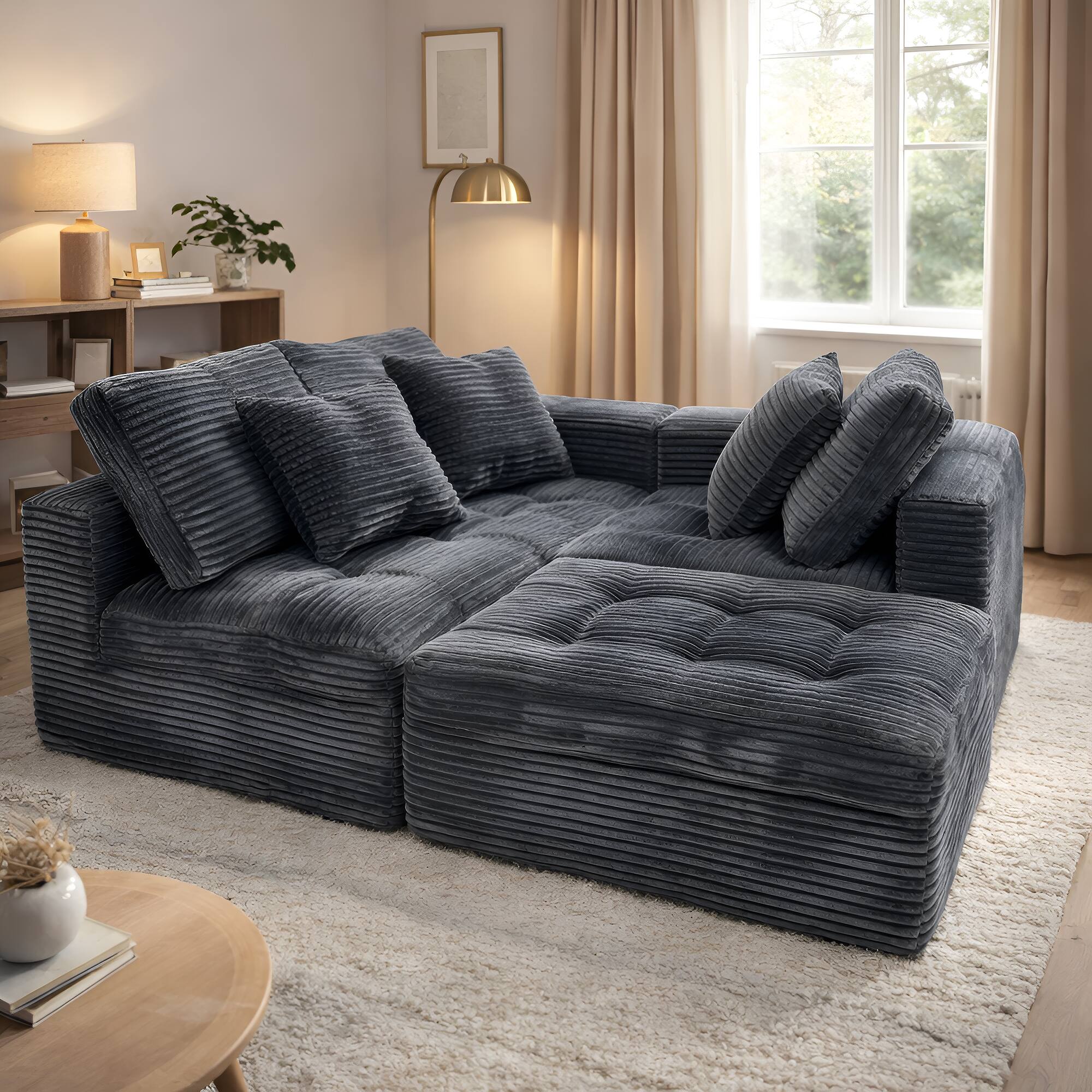 Angle. Anysun - Modular Cloud Sofa Set, 105" DIY Sectional w/ Ottoman, Pure Foam, Faux Rabbit Fur Velvet, Living Room Couch - Grey.