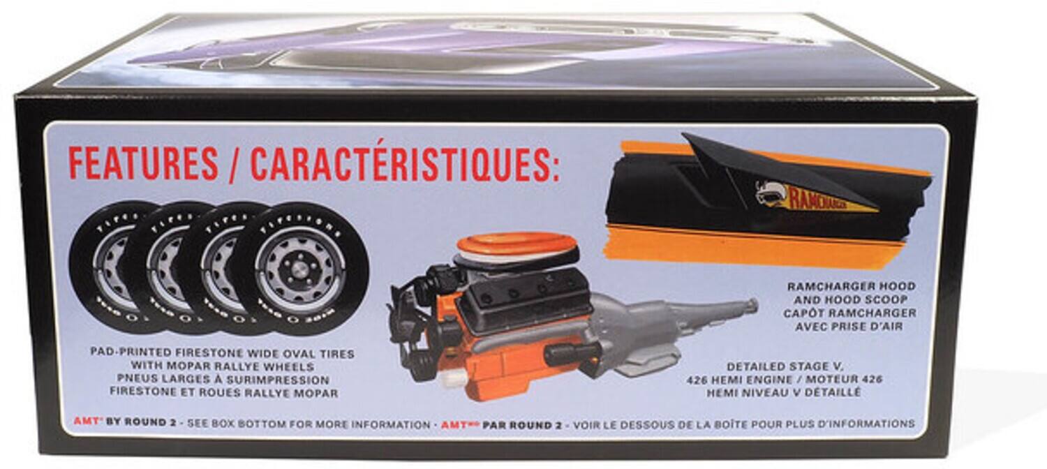 FEATURES / CARACTÉRISTIQUES:

- PAD-PRINTED FIRESTONE WIDE OVAL TIRES WITH MOPAR RALLYE WHEELS
  PNEUS LARGES A SURIMPRESSION FIRESTONE ET ROUES RALLYE MOPAR

- RAMCHARGER HOOD AND HOOD SCOOP
  CAPOT RAMCHARGER AVEC PRISE D'AIR

- DETAILED STAGE V. 426 HEMI ENGINE
  MOTEUR 426 HEMI NIVEAU V DÉTAILLÉ

AMT BY ROUND 2 - SEE BOX BOTTOM FOR MORE INFORMATION
AMT PAR ROUND 2 - VOIR LE DESSOUS DE LA BOITE POUR PLUS D'INFORMATIONS